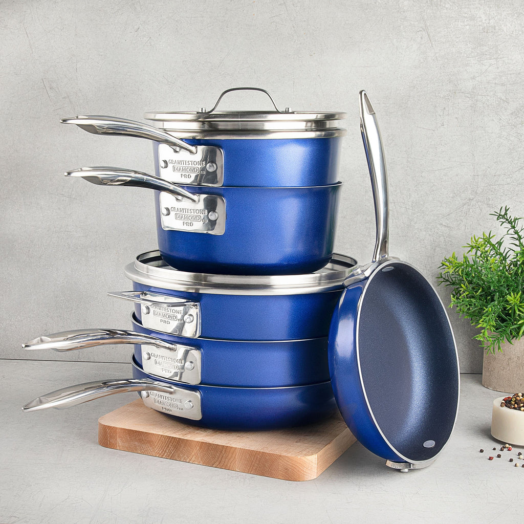 Ensemble de casseroles et poêles antiadhésives Granitestone Blue 15 pièces Stackmaster avec couvercles en verre