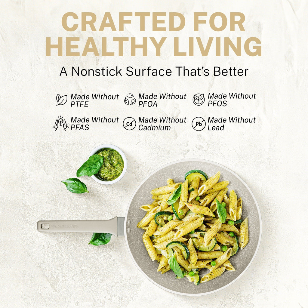 Ensemble de 20 pièces de casseroles et de plaques à pâtisserie antiadhésives Granitestone couleur crème désert.