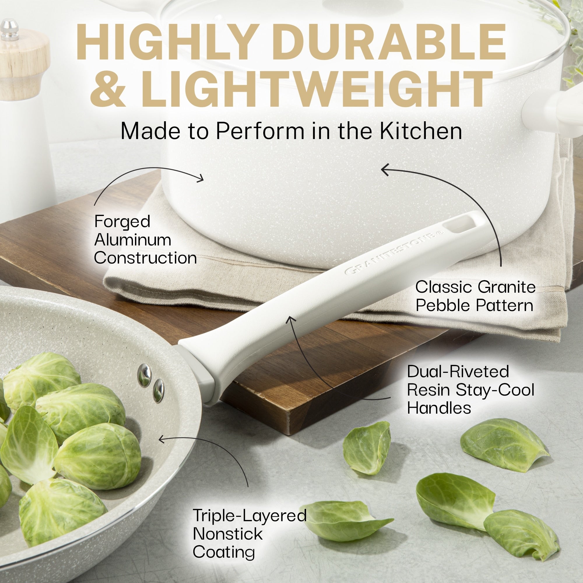 Ensemble de 20 pièces de casseroles et de plaques à pâtisserie antiadhésives Granitestone couleur crème désert.