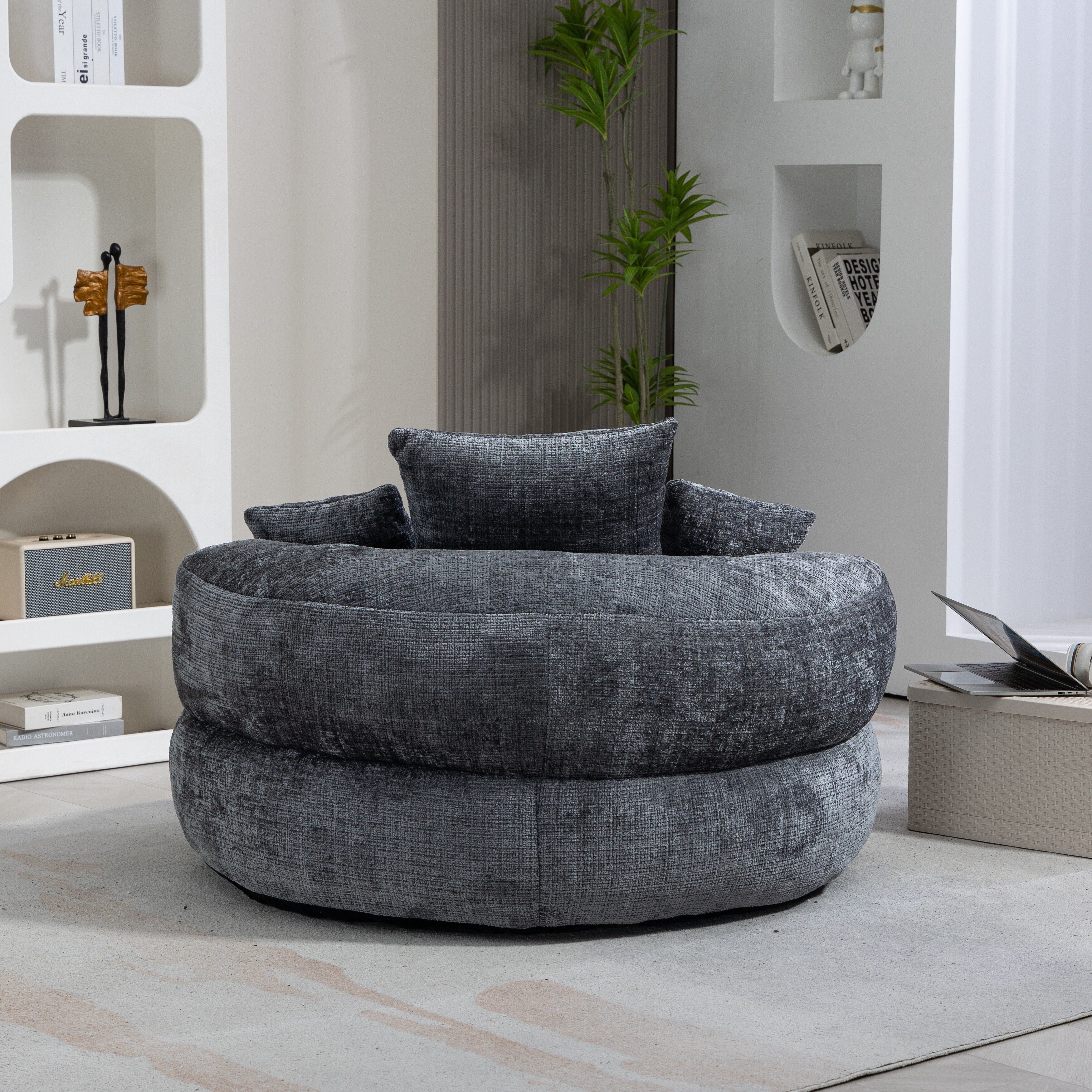 Pouf paresseux gris surdimensionné de 42,52 pouces en chenille avec trois coussins pour chambre à coucher