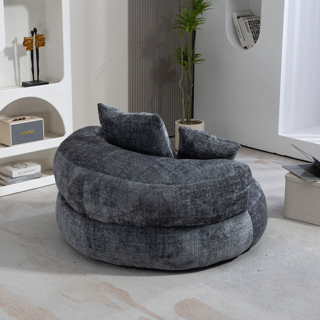 Pouf paresseux gris surdimensionné de 42,52 pouces en chenille avec trois coussins pour chambre à coucher