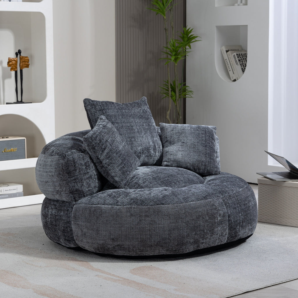 Pouf paresseux gris surdimensionné de 42,52 pouces en chenille avec trois coussins pour chambre à coucher