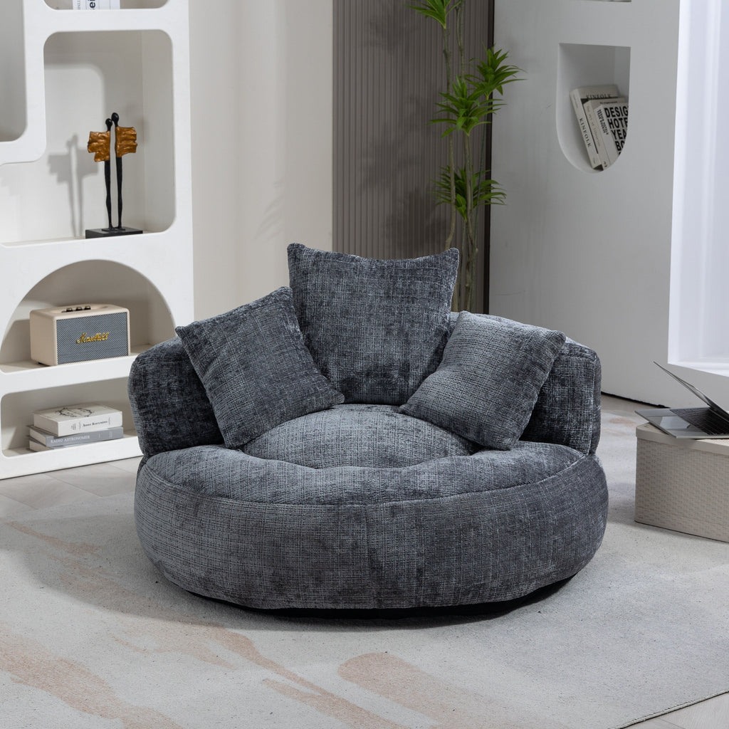 Pouf paresseux gris surdimensionné de 42,52 pouces en chenille avec trois coussins pour chambre à coucher