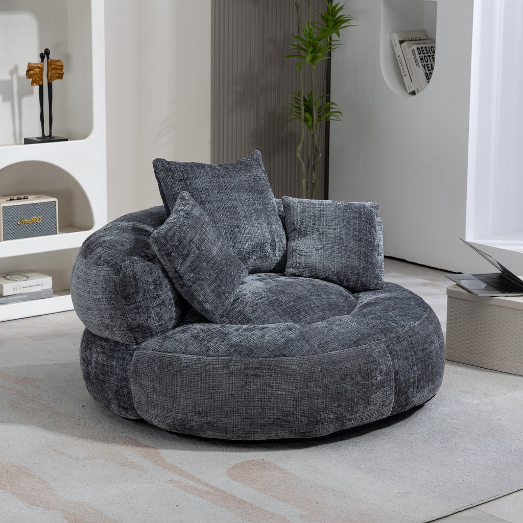 Pouf paresseux gris surdimensionné de 42,52 pouces en chenille avec trois coussins pour chambre à coucher