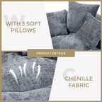 Pouf paresseux gris surdimensionné de 42,52 pouces en chenille avec trois coussins pour chambre à coucher