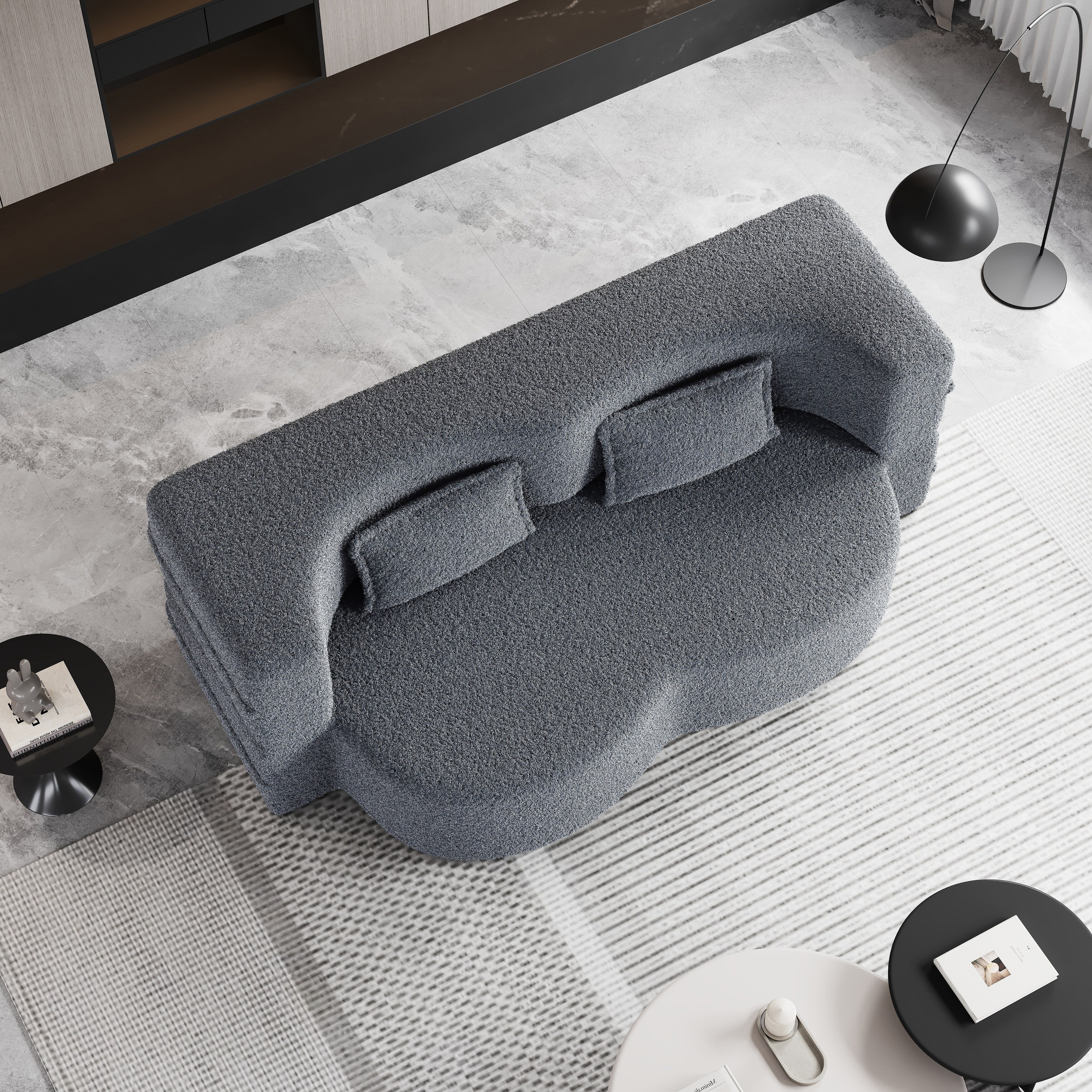 Canapé-lit convertible deux places en tissu Teddy gris 78, garni de mousse, avec 2 oreillers et matelas pliable pour salon