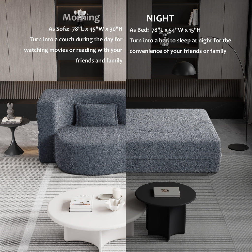 Canapé-lit convertible deux places en tissu Teddy gris 78, garni de mousse, avec 2 oreillers et matelas pliable pour salon