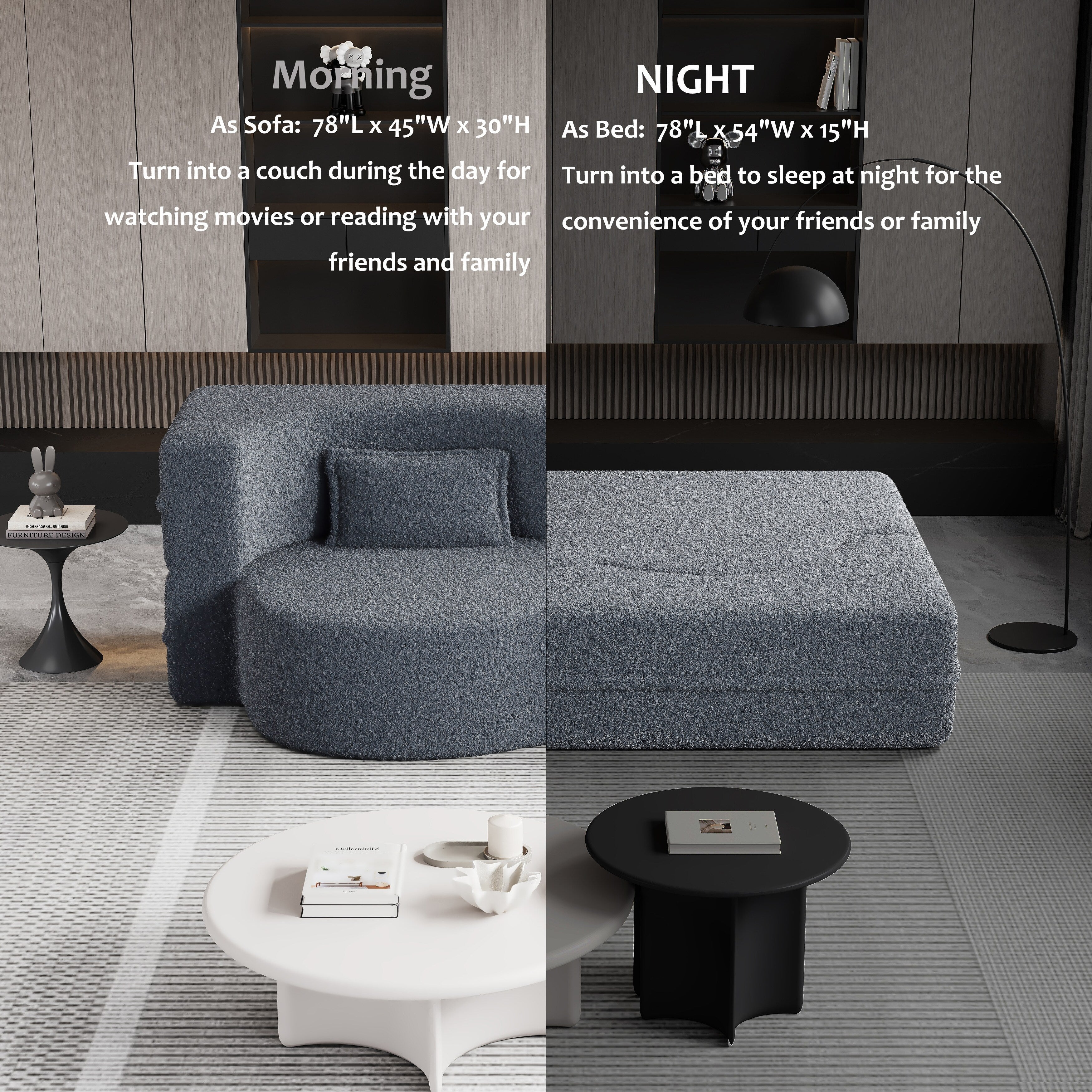 Canapé-lit convertible deux places en tissu Teddy gris 78, garni de mousse, avec 2 oreillers et matelas pliable pour salon