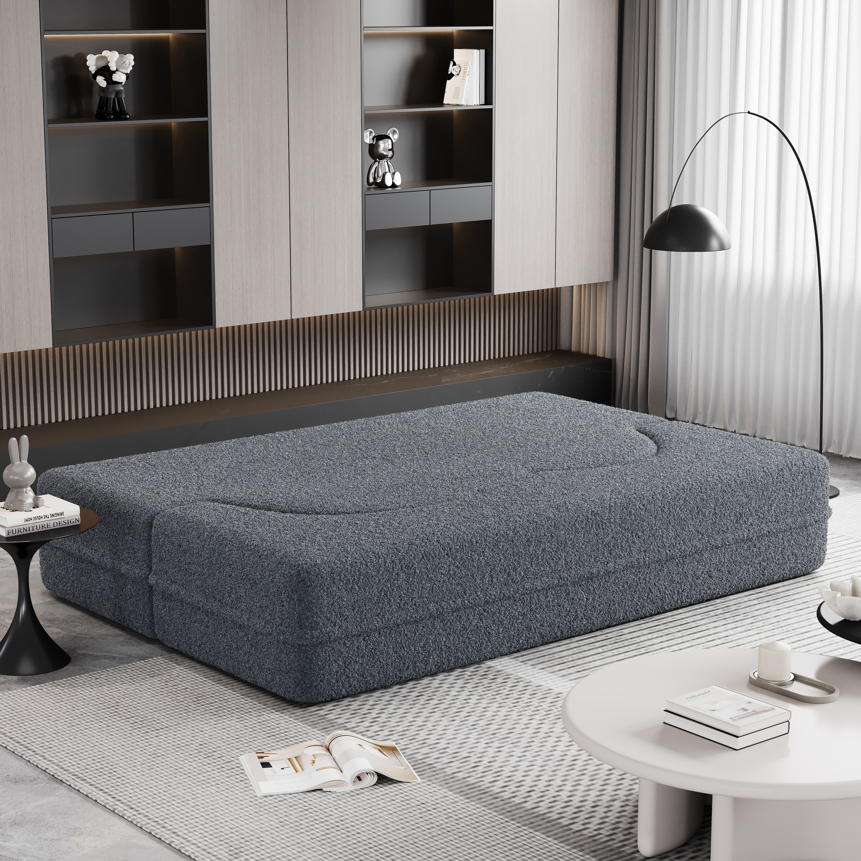 Canapé-lit convertible deux places en tissu Teddy gris 78, garni de mousse, avec 2 oreillers et matelas pliable pour salon