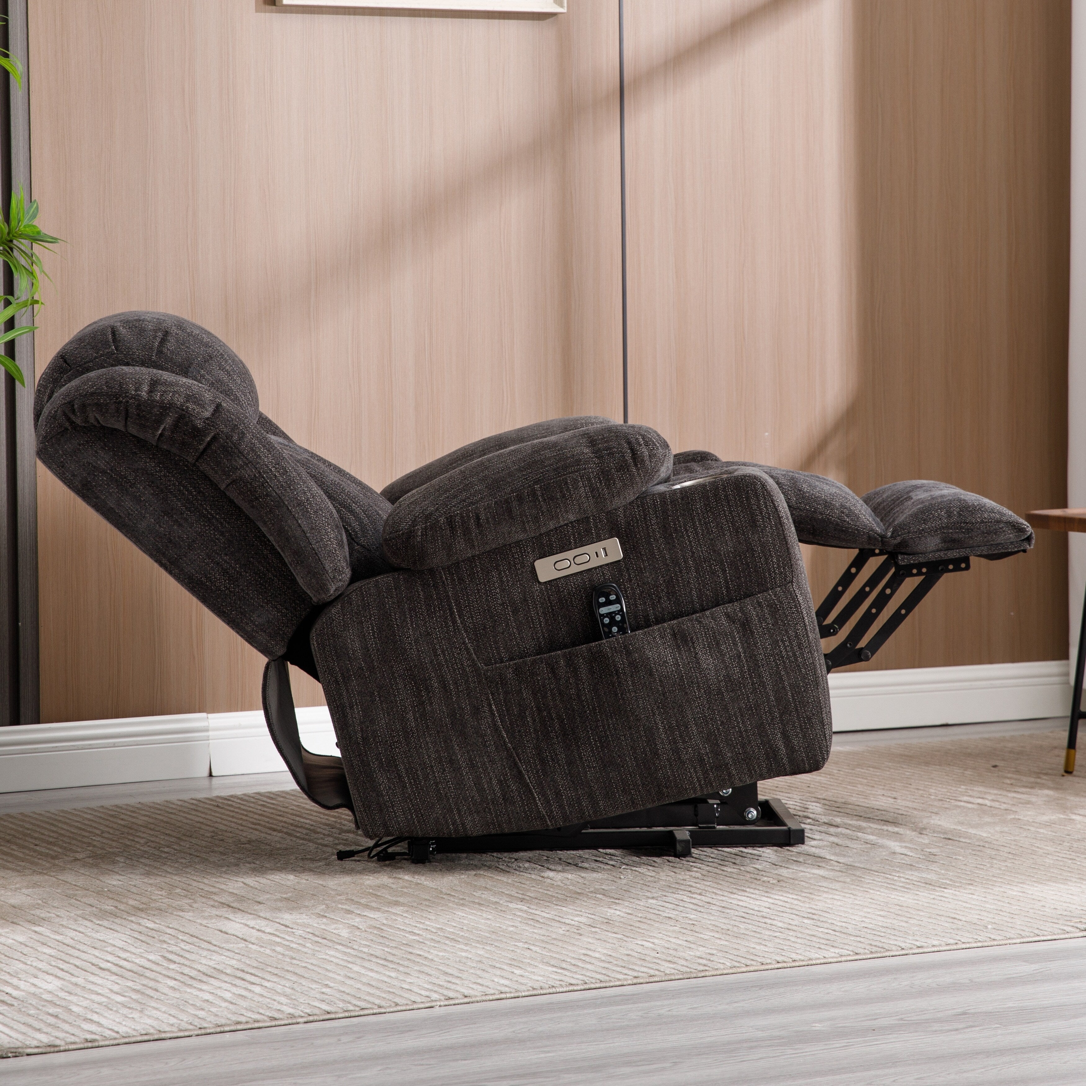 Fauteuil inclinable électrique en chenille grise avec fonction massage, chauffage lombaire, ports USB et Type-C et porte-gobelets en acier inoxydable