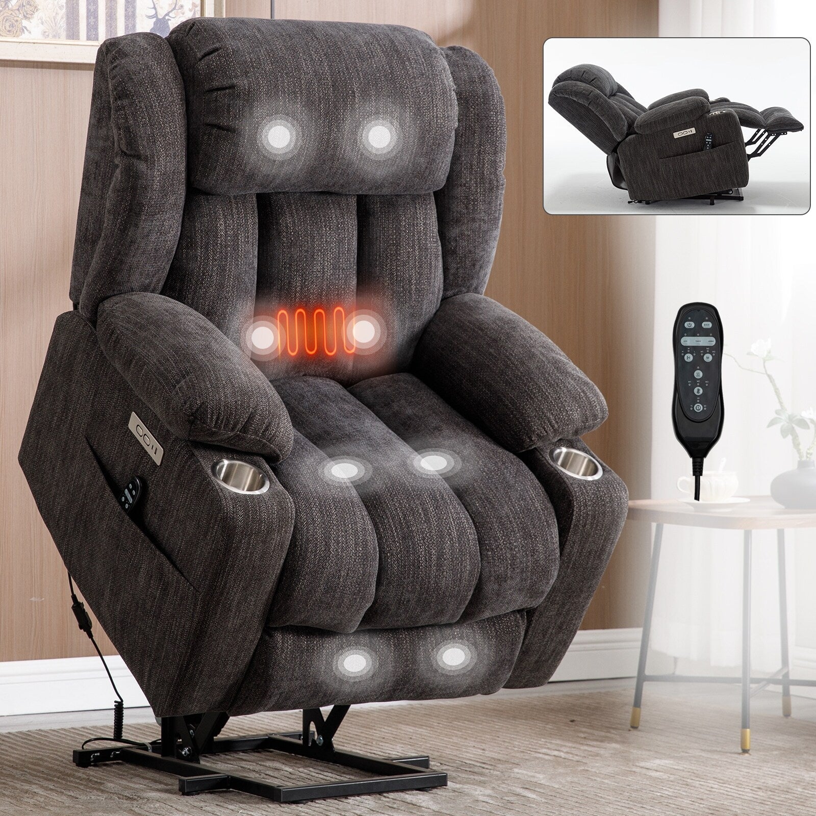 Fauteuil inclinable électrique en chenille grise avec fonction massage, chauffage lombaire, ports USB et Type-C et porte-gobelets en acier inoxydable
