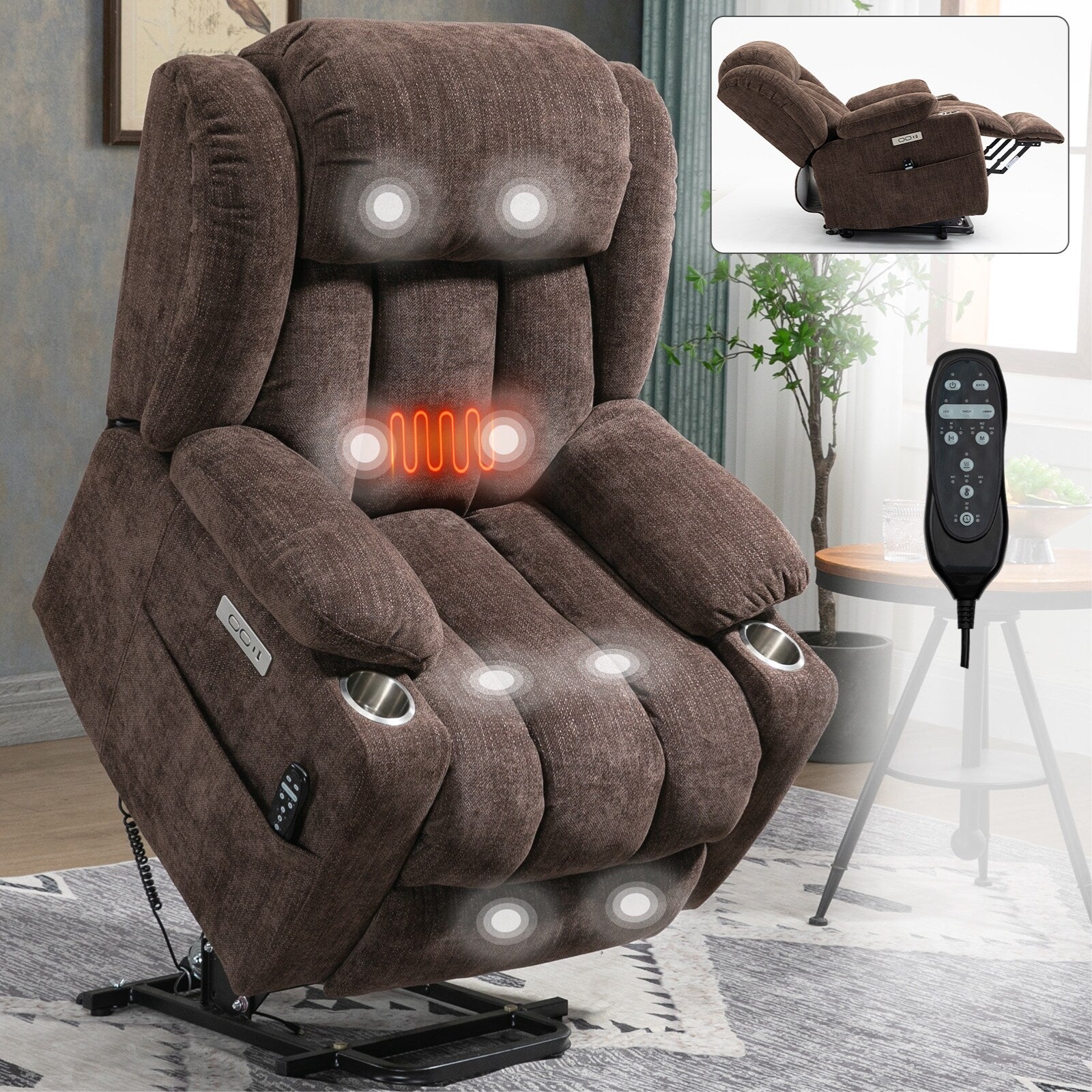 Fauteuil inclinable électrique en chenille grise avec fonction massage, chauffage lombaire, ports USB et Type-C et porte-gobelets en acier inoxydable