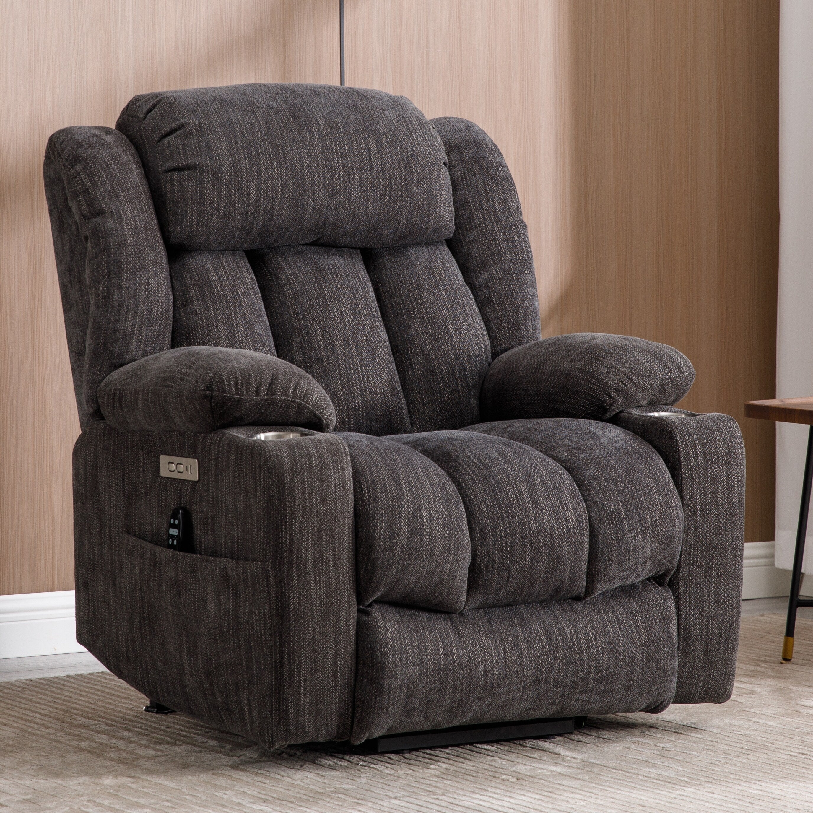 Fauteuil inclinable électrique en chenille grise avec fonction massage, chauffage lombaire, ports USB et Type-C et porte-gobelets en acier inoxydable
