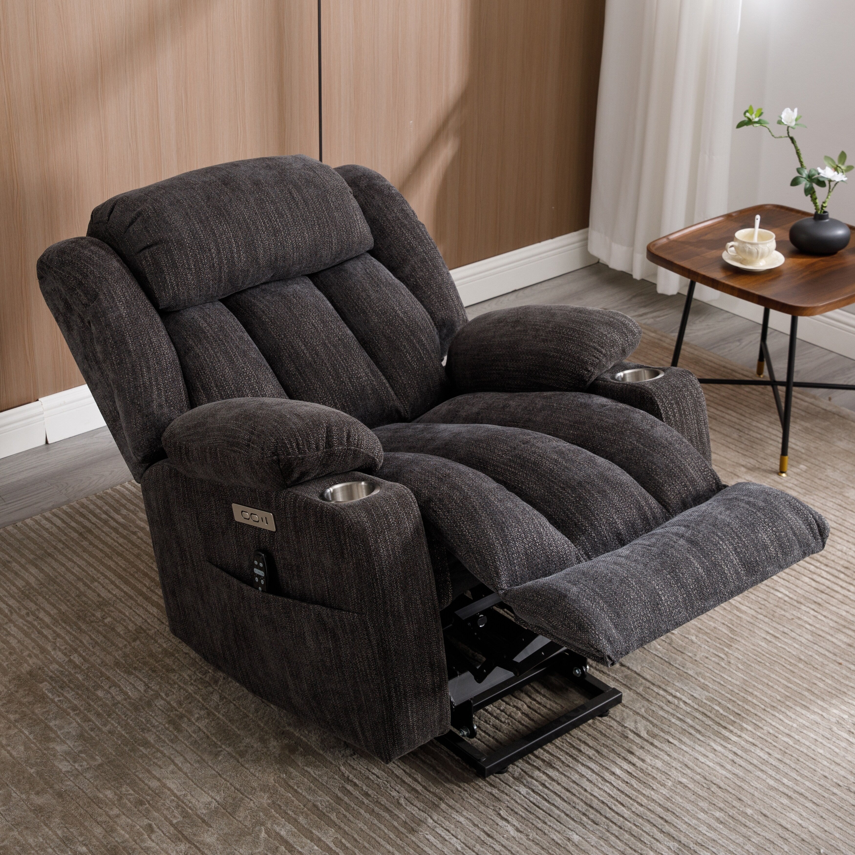 Fauteuil inclinable électrique en chenille grise avec fonction massage, chauffage lombaire, ports USB et Type-C et porte-gobelets en acier inoxydable