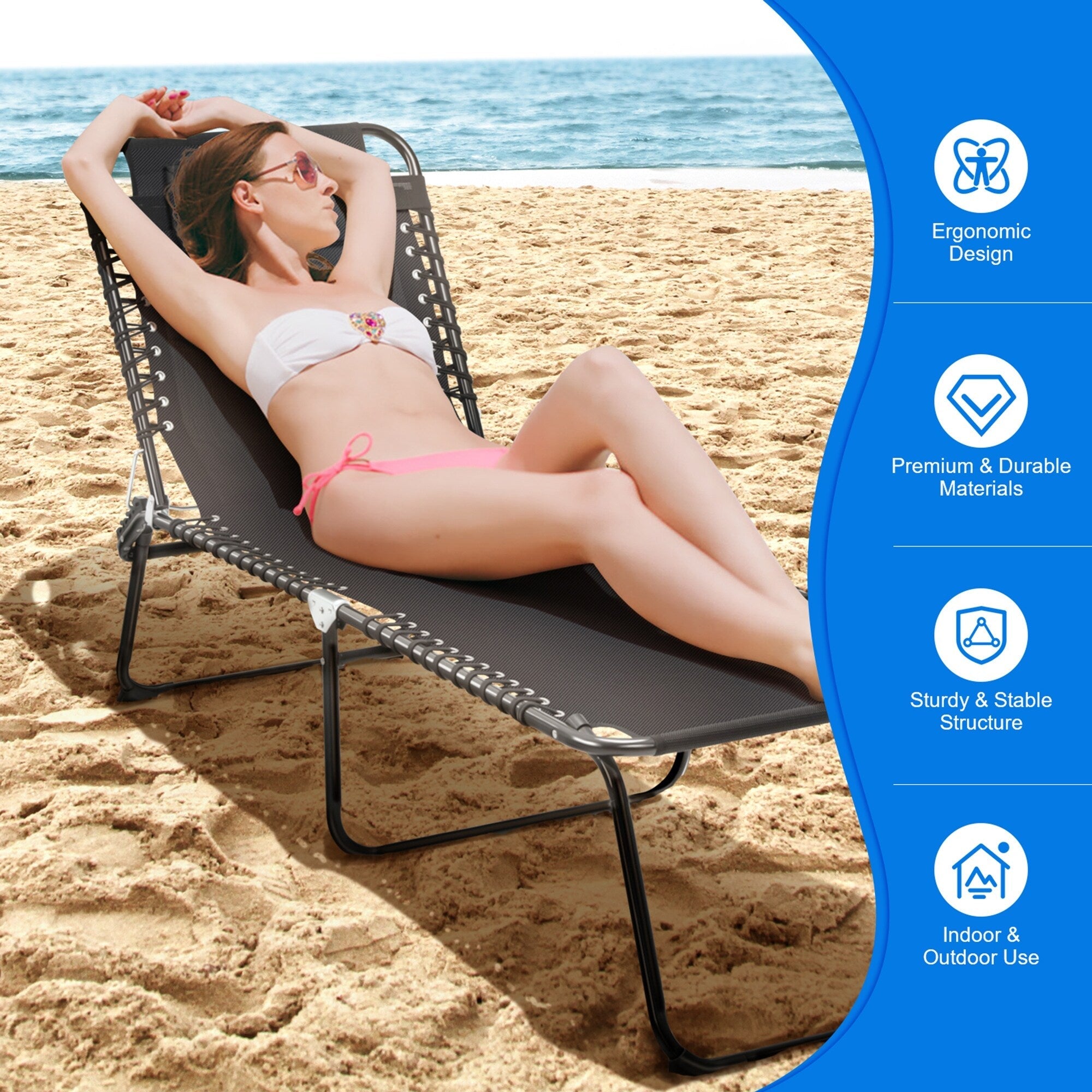 Chaise longue de plage pliante Gymax avec coussin, 4 positions