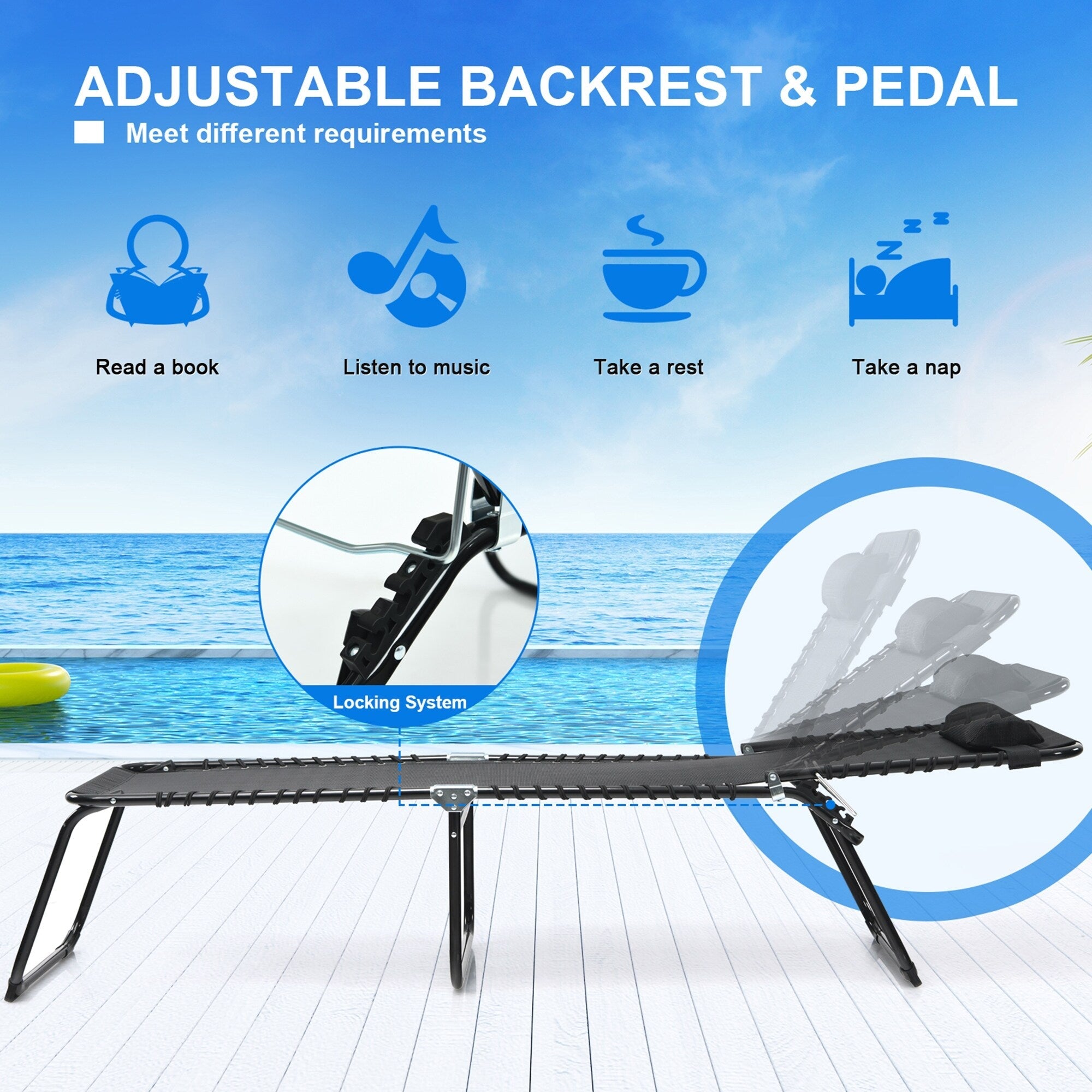 Chaise longue de plage pliante Gymax avec coussin, 4 positions