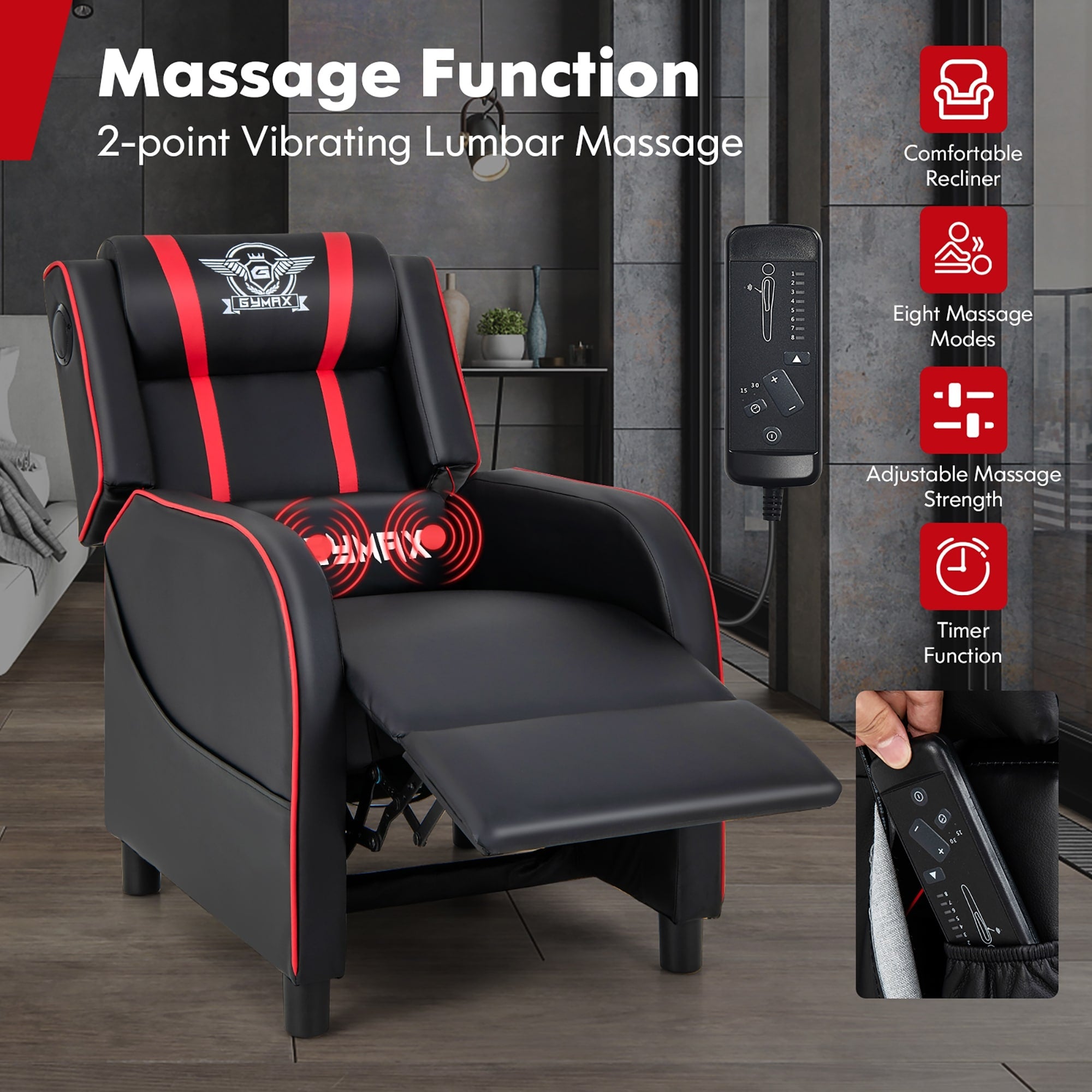 Fauteuil inclinable de jeu et de massage Gymax, canapé inclinable simple en cuir PU