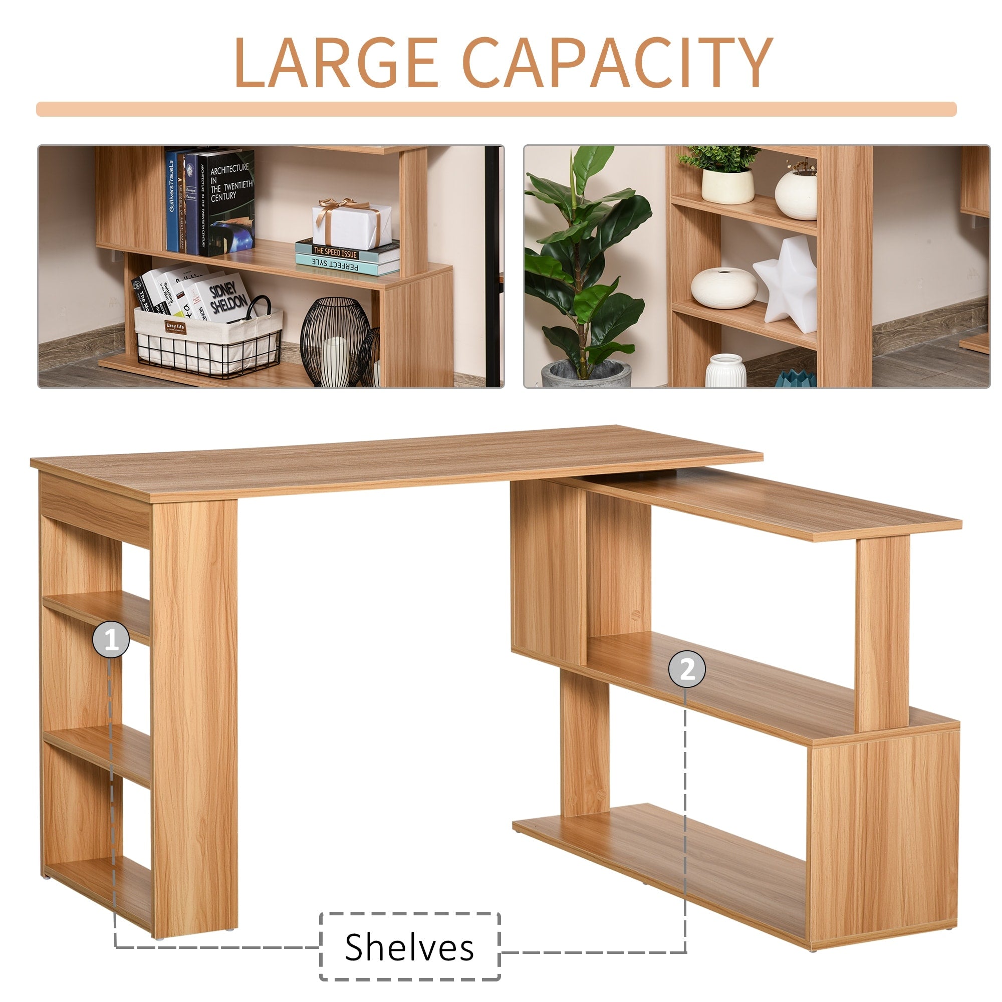 Bureau d'ordinateur moderne en forme de L pivotant avec étagères HomCom