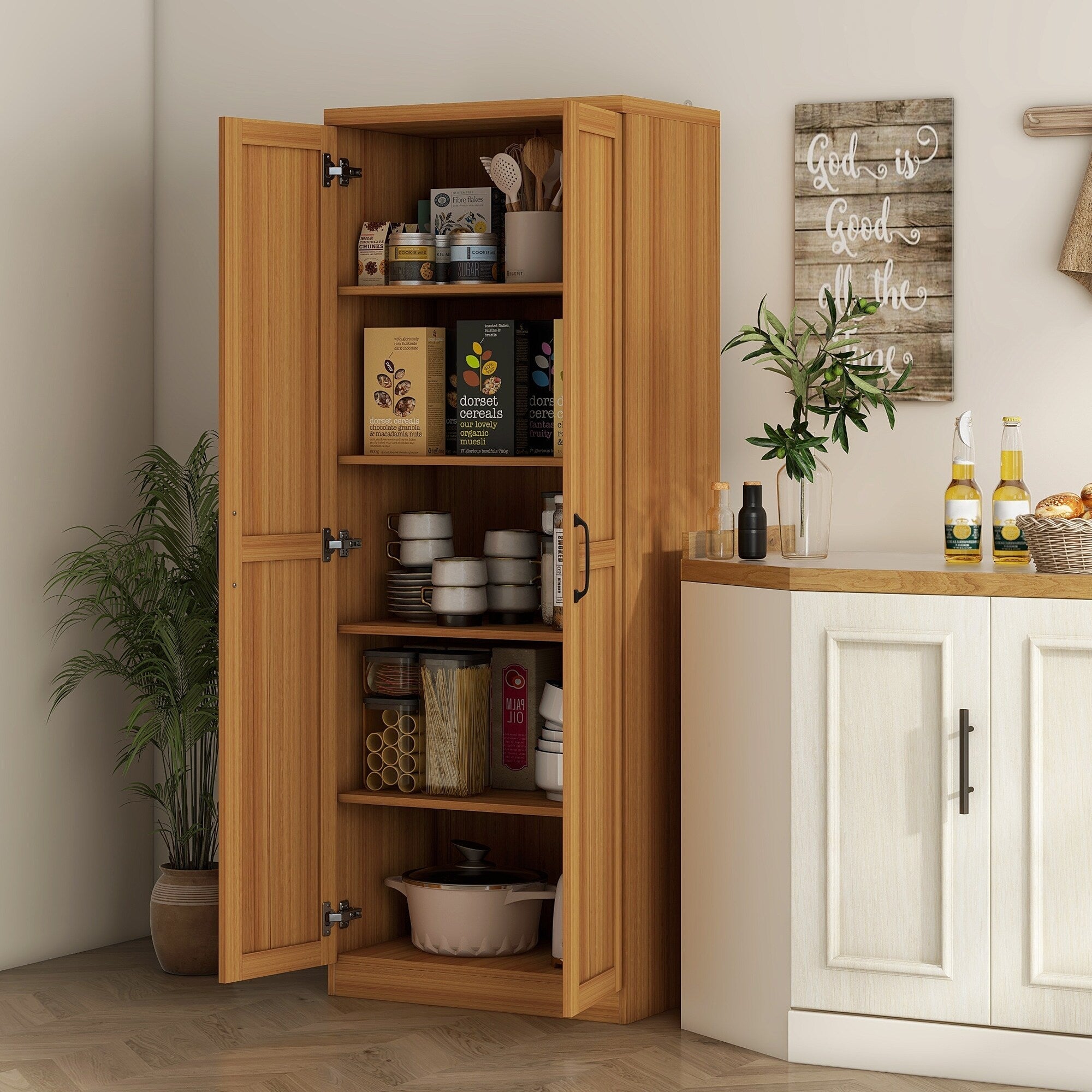 HOMCOM Étagère de rangement pour cuisine, armoire de rangement à 2 portes avec 5 niveaux de rangement et 2 étagères réglables pour salle à manger, 63 pouces