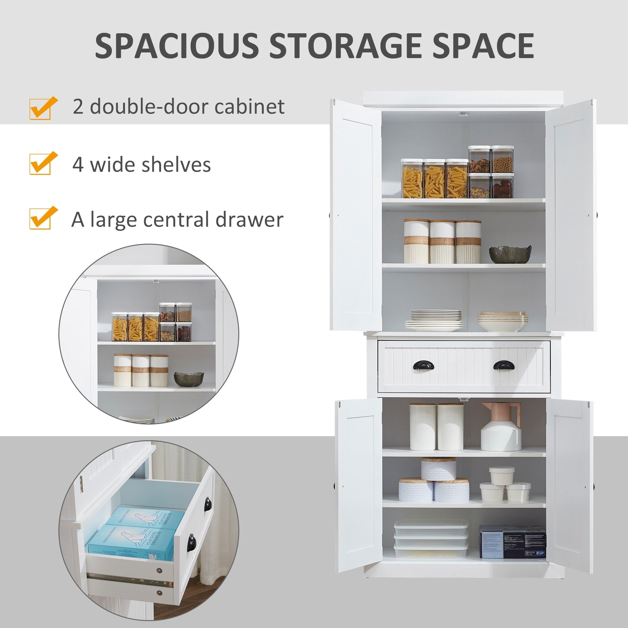 Armoire de rangement de cuisine HOMCOM 72, style traditionnel, avec portes et 3 étagères réglables, blanc