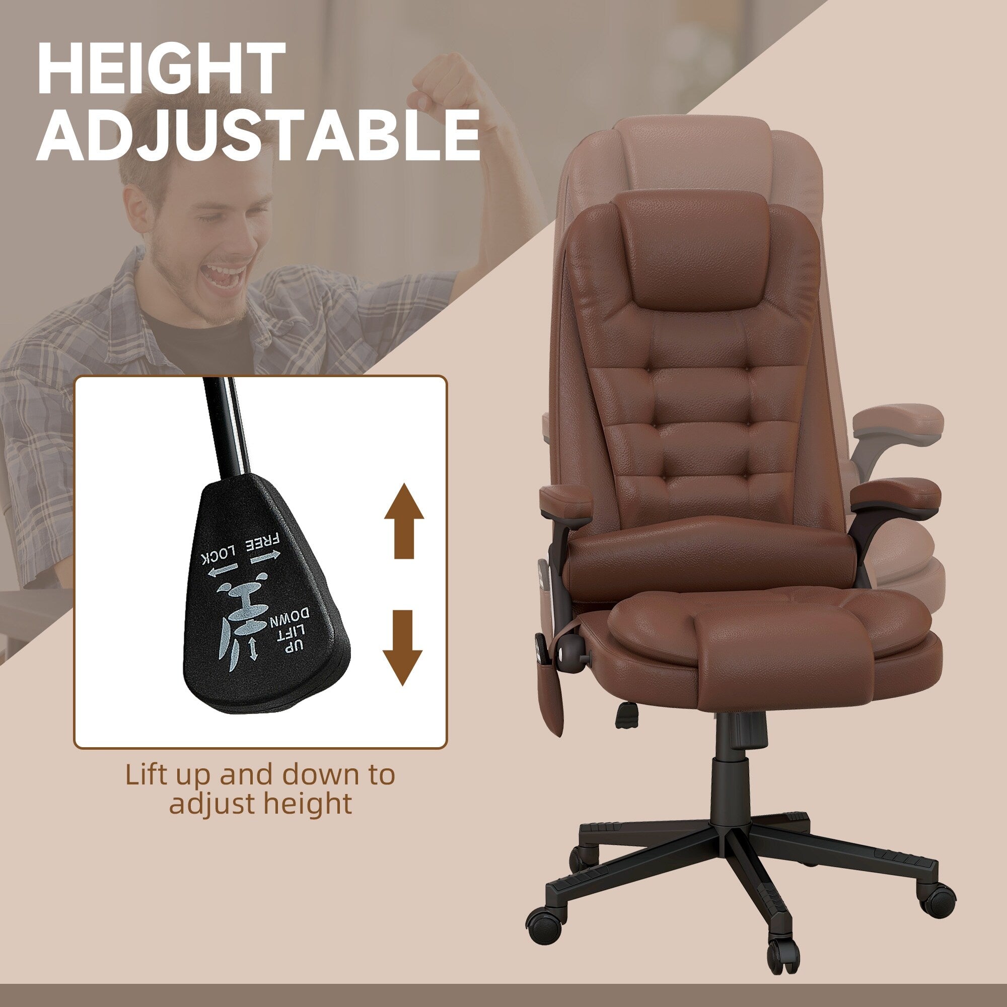 Fauteuil de bureau massant à dossier haut HOMCOM avec 6 points de vibration, beige