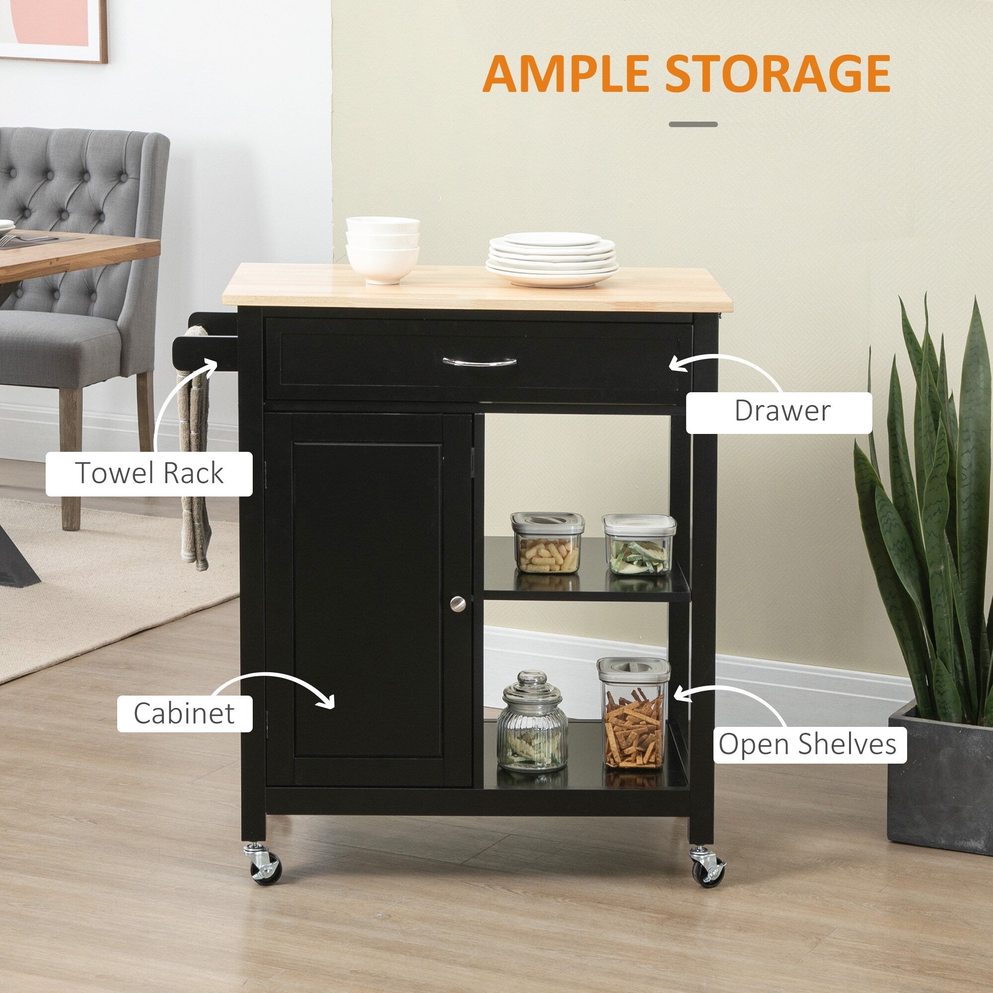 Chariot de cuisine HOMCOM, chariot utilitaire à roulettes avec plateau en bois, étagère ouverte et tiroir de rangement pour salle à manger, cuisine