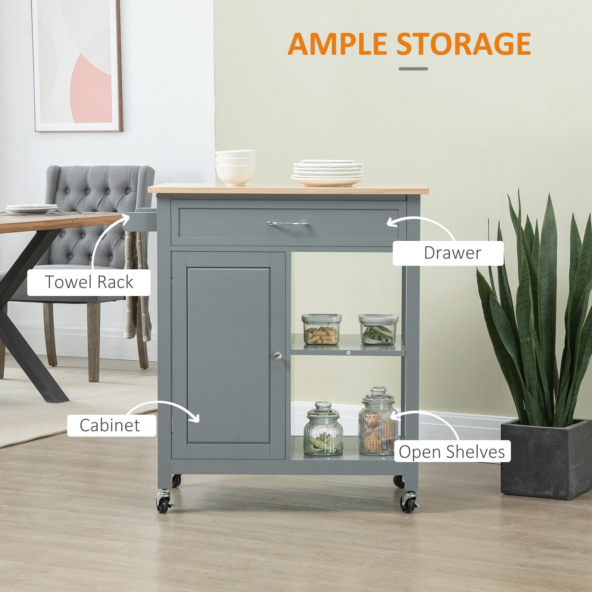 Chariot de cuisine HOMCOM, chariot utilitaire à roulettes avec plateau en bois, étagère ouverte et tiroir de rangement pour salle à manger, cuisine