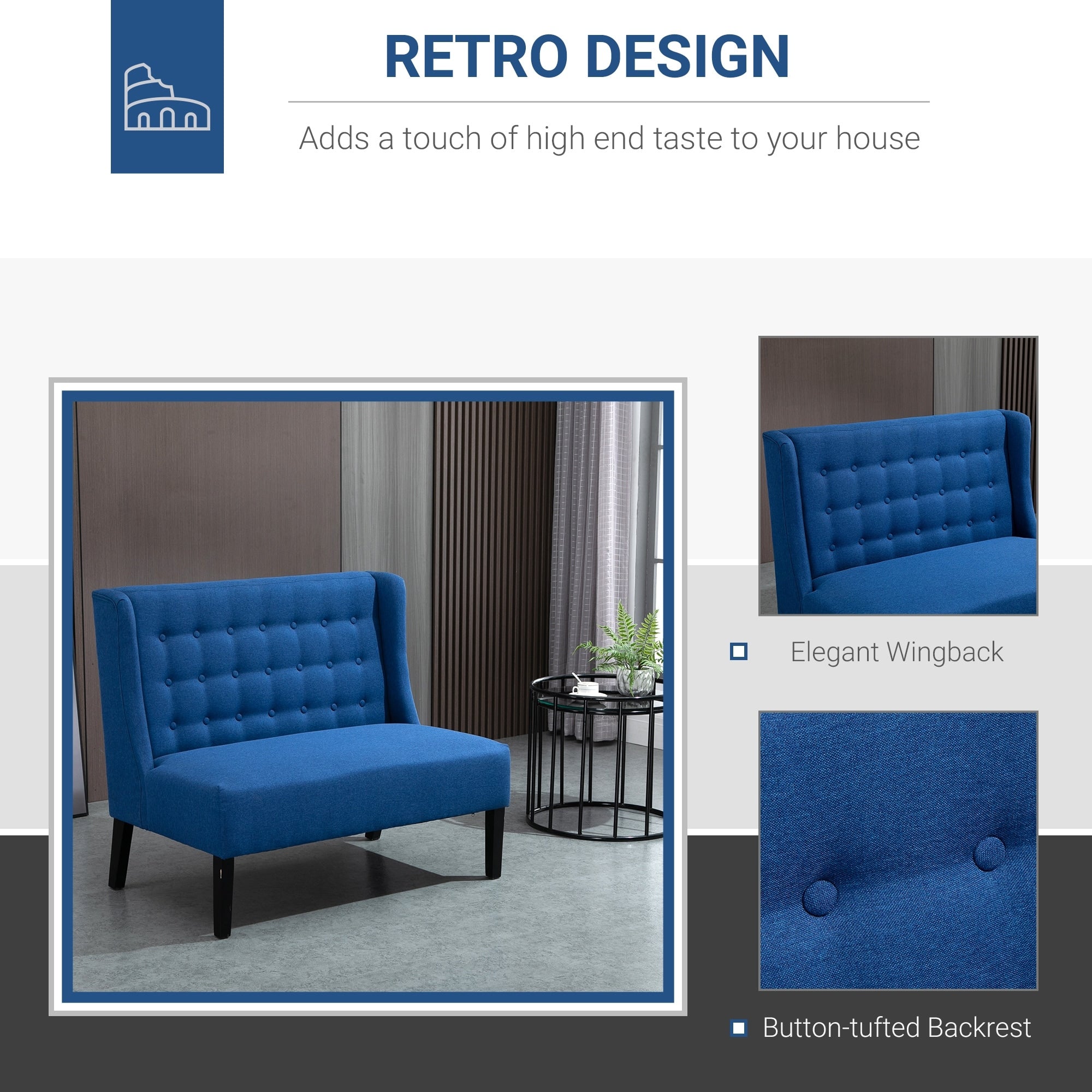 Canapé deux places HOMCOM en lin capitonné, sans accoudoirs, avec pieds en bois - 73 x 110 x 93 cm