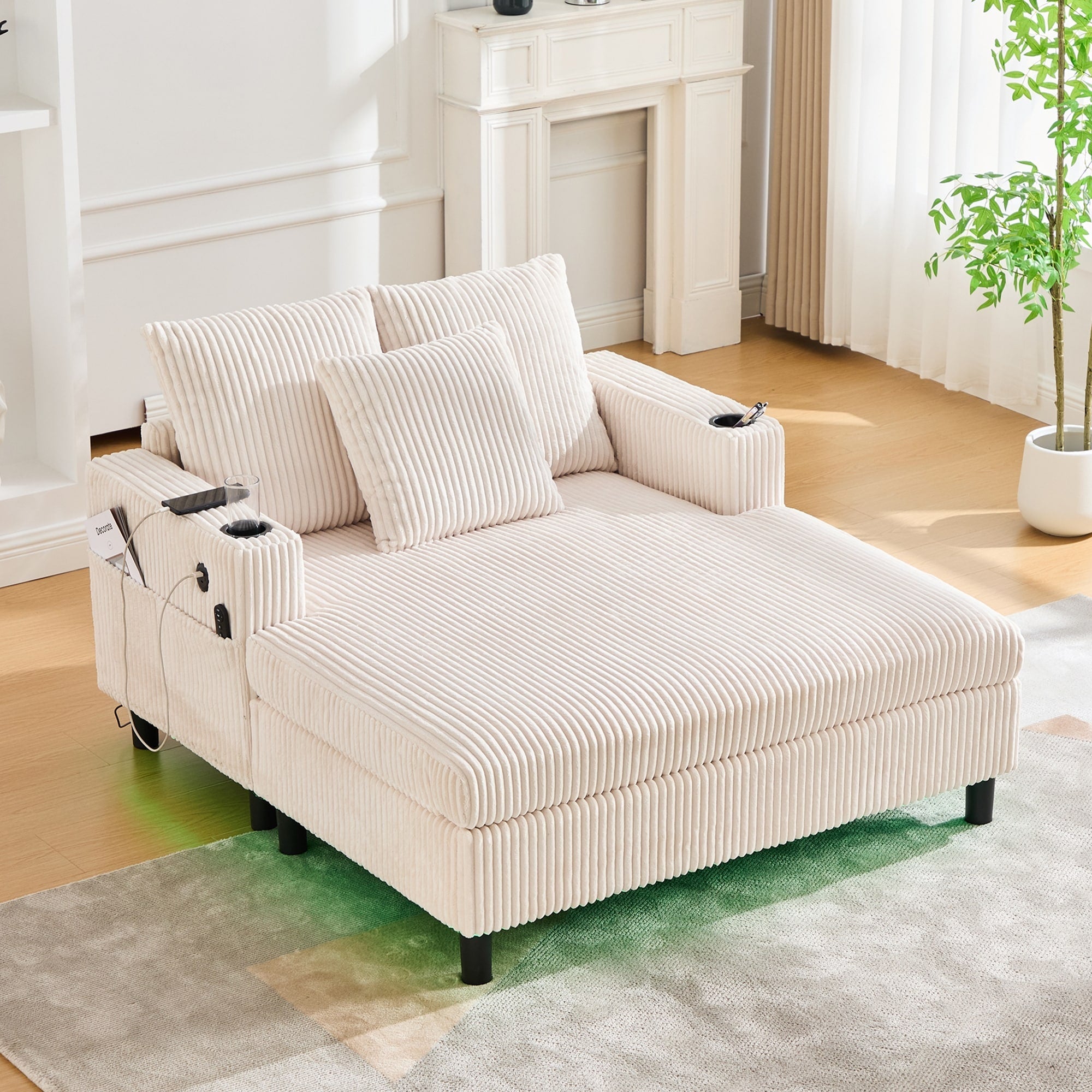 Canapé-lit inclinable surdimensionné HOMEFUN en velours côtelé avec éclairage LED RGB, porte-gobelet, port USB et 3 coussins