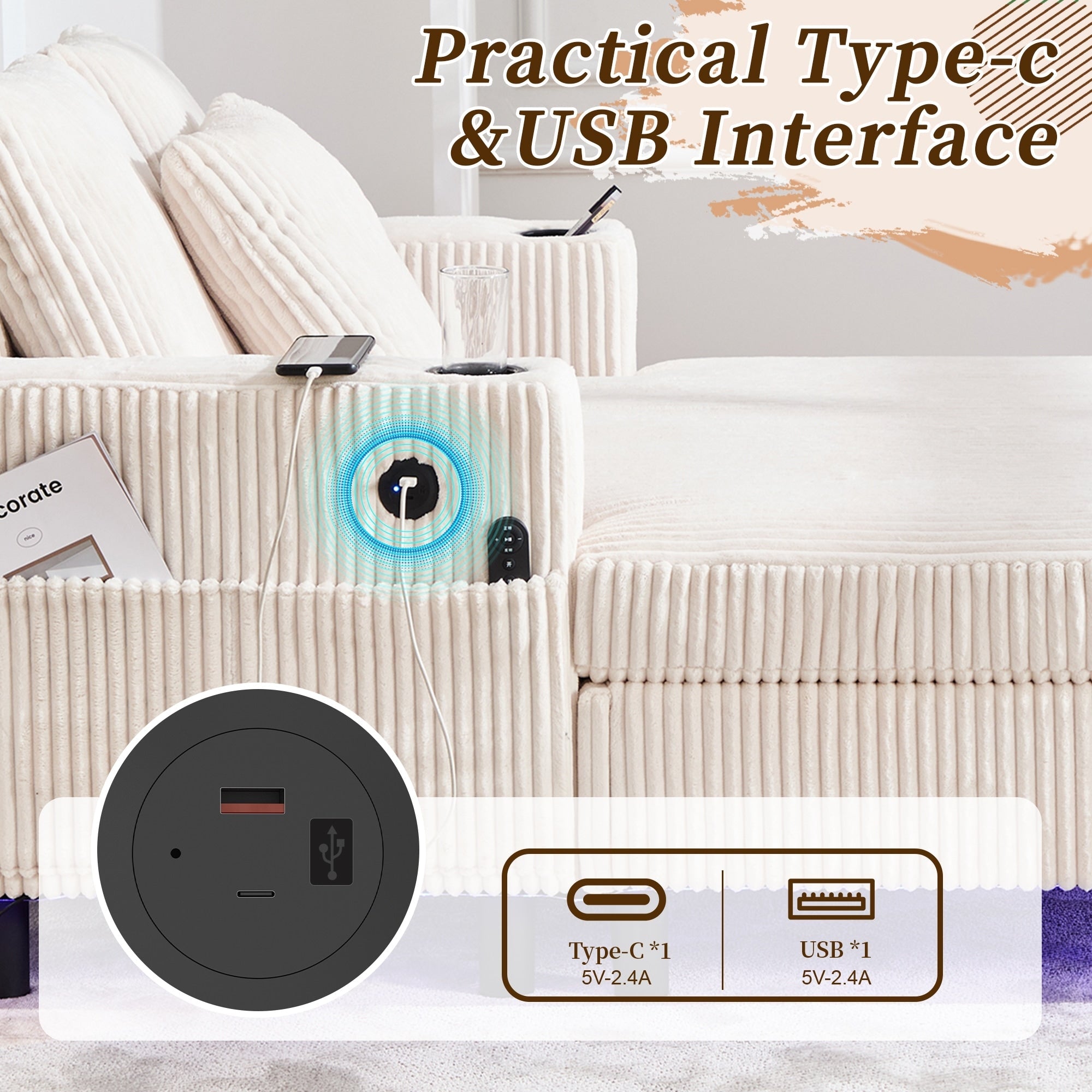 Canapé-lit inclinable surdimensionné HOMEFUN en velours côtelé avec éclairage LED RGB, porte-gobelet, port USB et 3 coussins