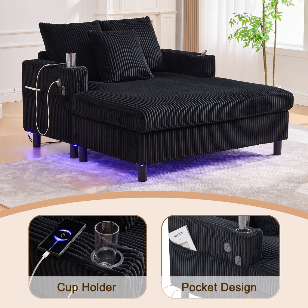 Canapé-lit inclinable surdimensionné HOMEFUN en velours côtelé avec éclairage LED RGB, porte-gobelet, port USB et 3 coussins