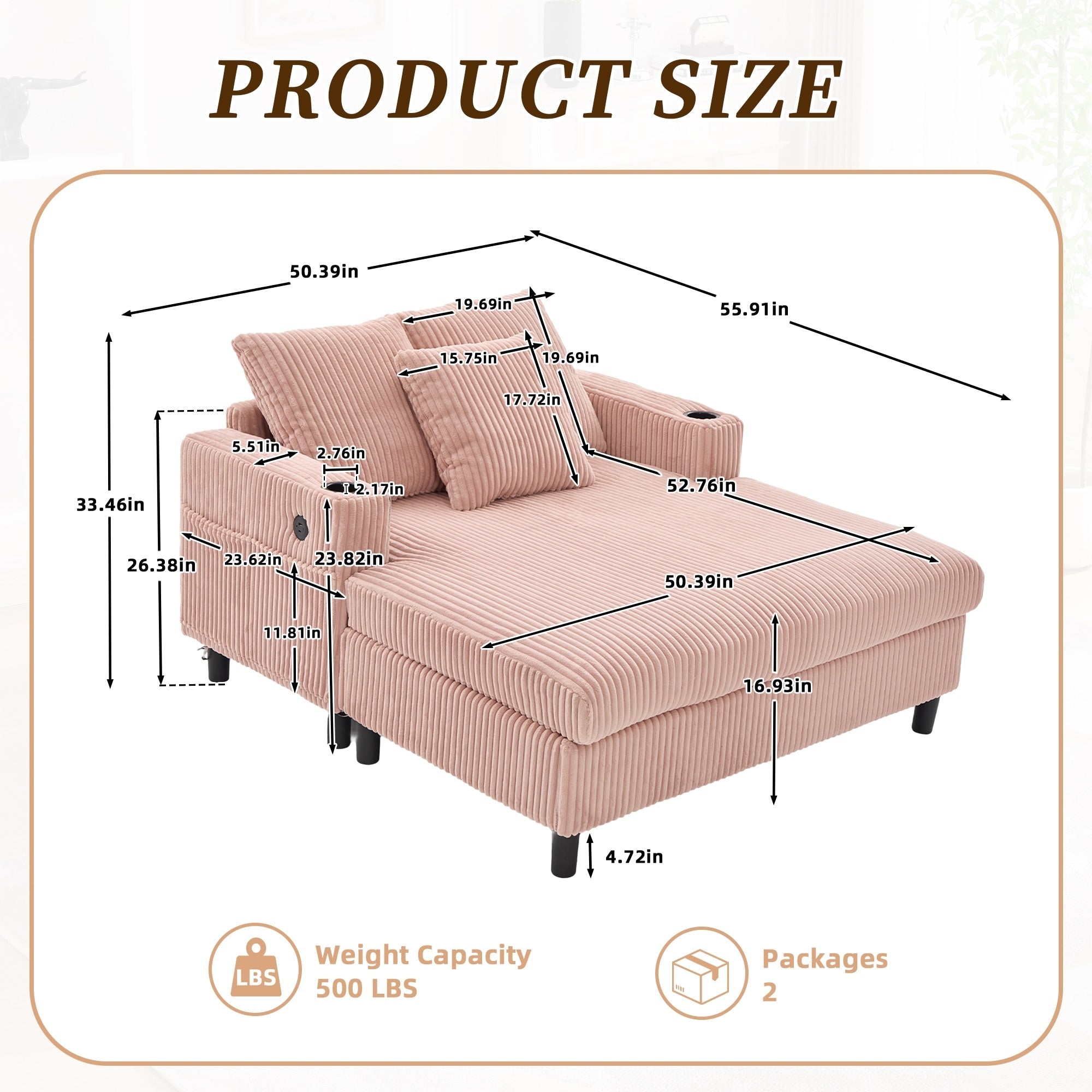 Canapé-lit inclinable surdimensionné HOMEFUN en velours côtelé avec éclairage LED RGB, porte-gobelet, port USB et 3 coussins