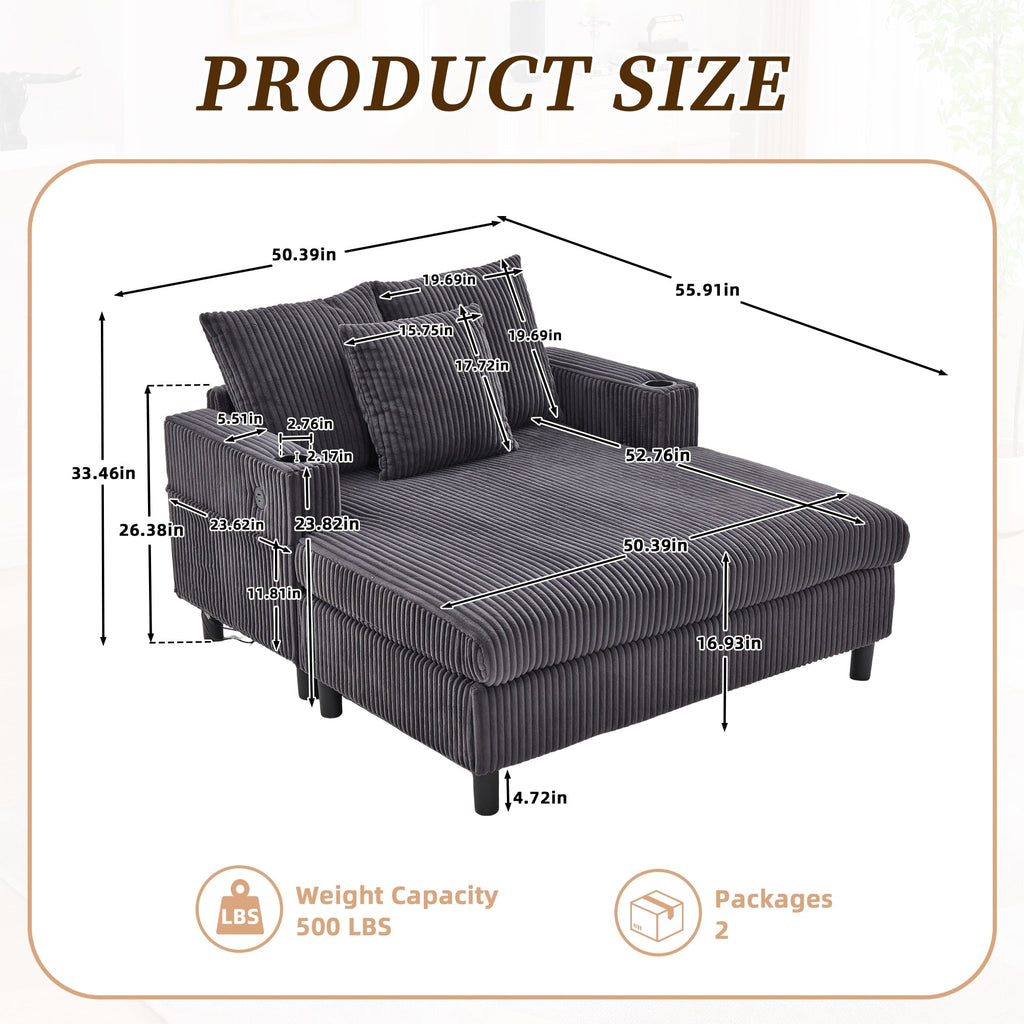 Canapé-lit inclinable surdimensionné HOMEFUN en velours côtelé avec éclairage LED RGB, porte-gobelet, port USB et 3 coussins