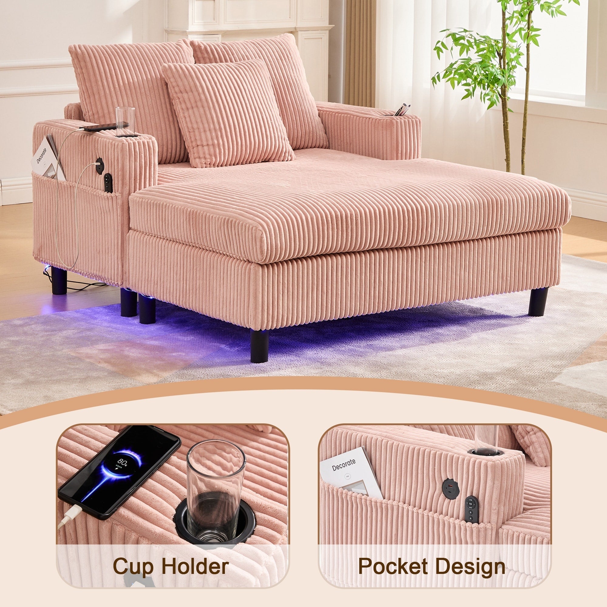 Canapé-lit inclinable surdimensionné HOMEFUN en velours côtelé avec éclairage LED RGB, porte-gobelet, port USB et 3 coussins
