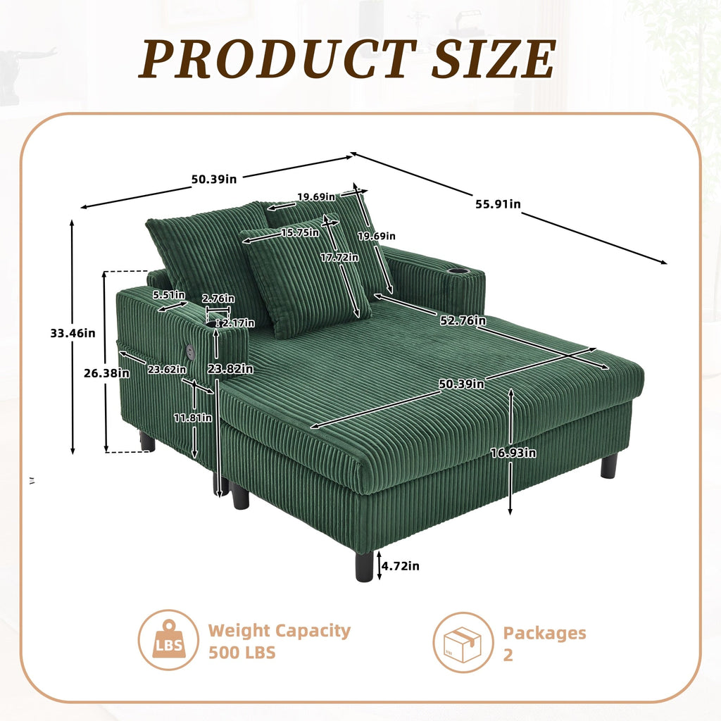 Canapé-lit inclinable surdimensionné HOMEFUN en velours côtelé avec éclairage LED RGB, porte-gobelet, port USB et 3 coussins