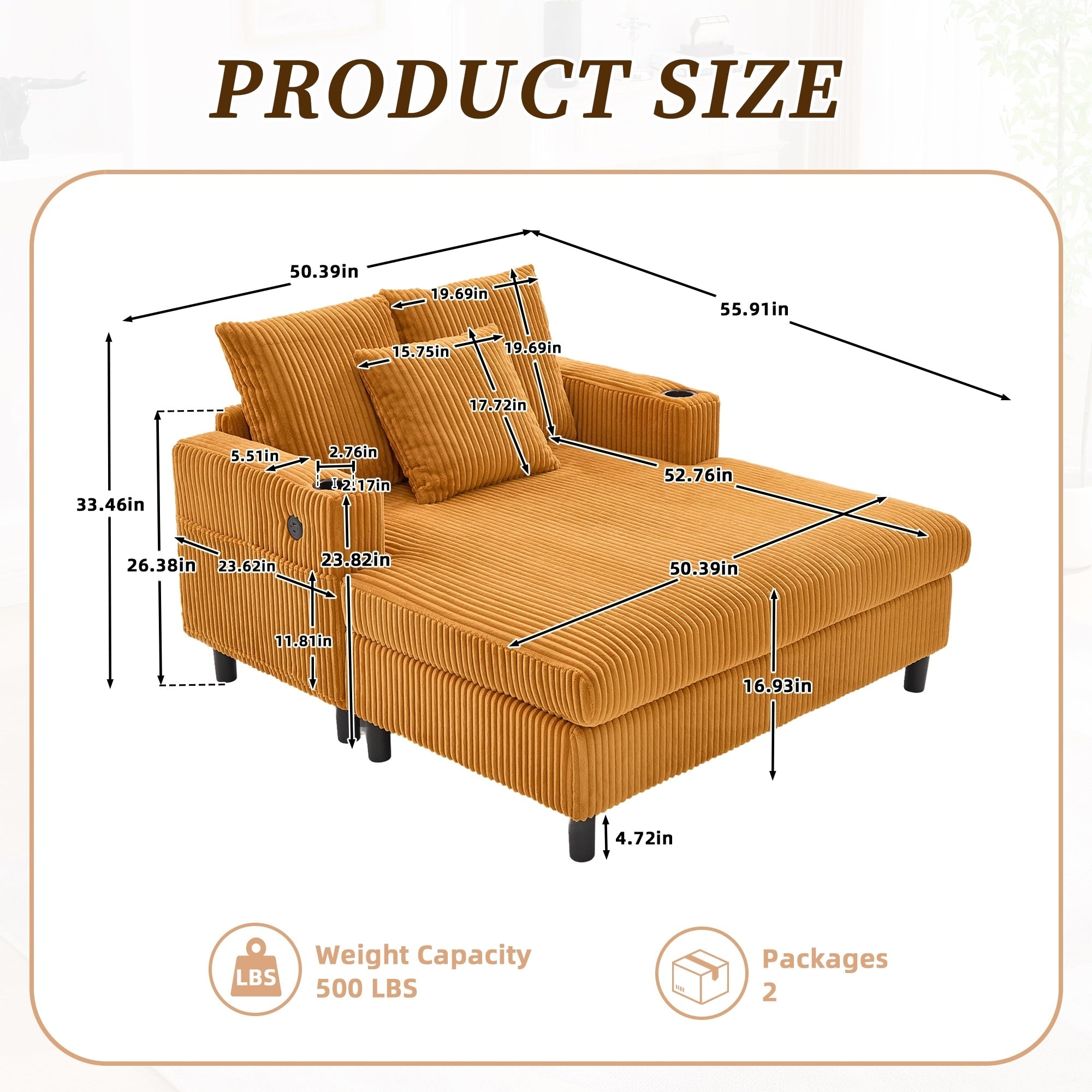 Canapé-lit inclinable surdimensionné HOMEFUN en velours côtelé avec éclairage LED RGB, porte-gobelet, port USB et 3 coussins