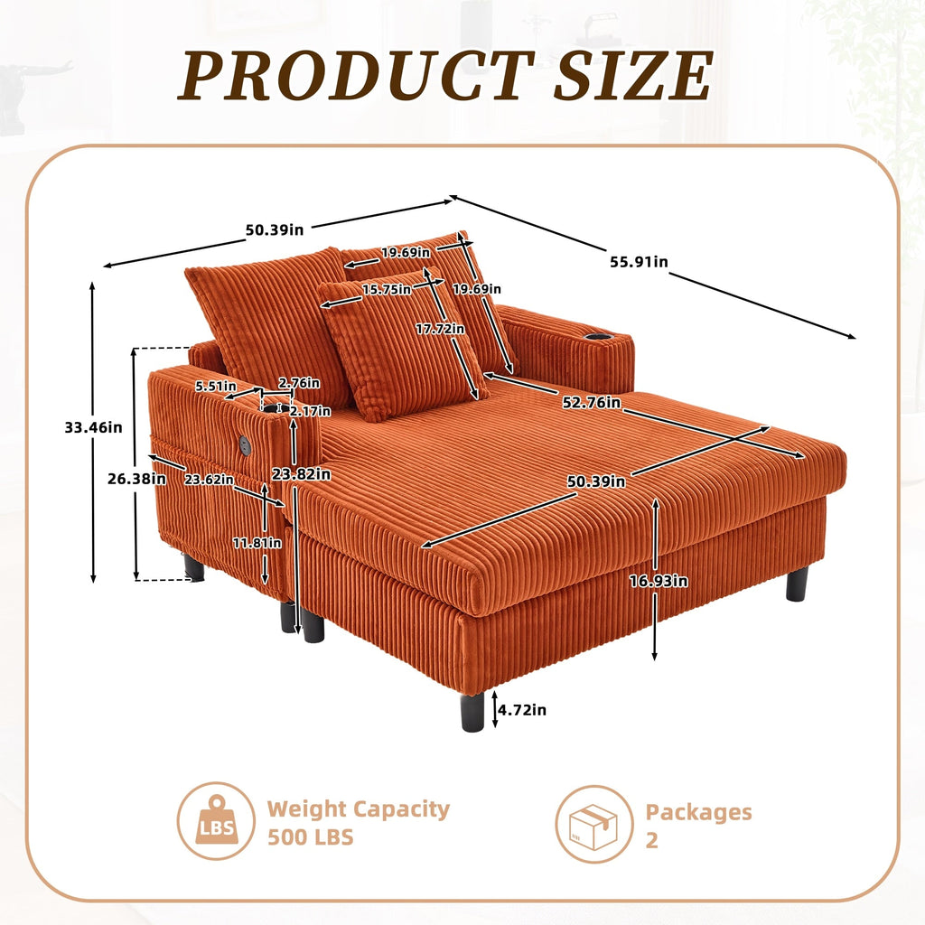 Canapé-lit inclinable surdimensionné HOMEFUN en velours côtelé avec éclairage LED RGB, porte-gobelet, port USB et 3 coussins