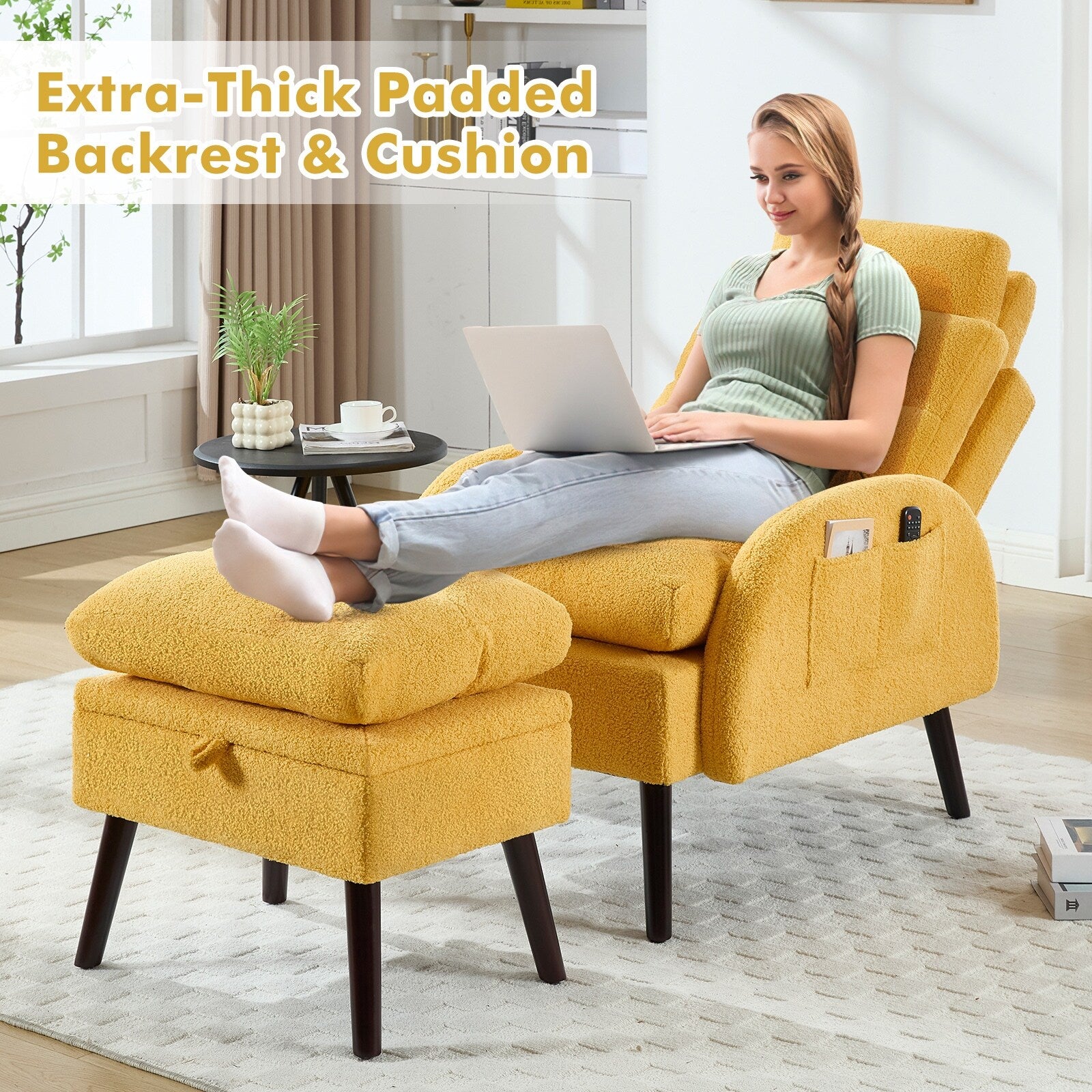 HOMYKA Fauteuil d'appoint avec dossier réglable et rangement intégré dans le repose-pieds