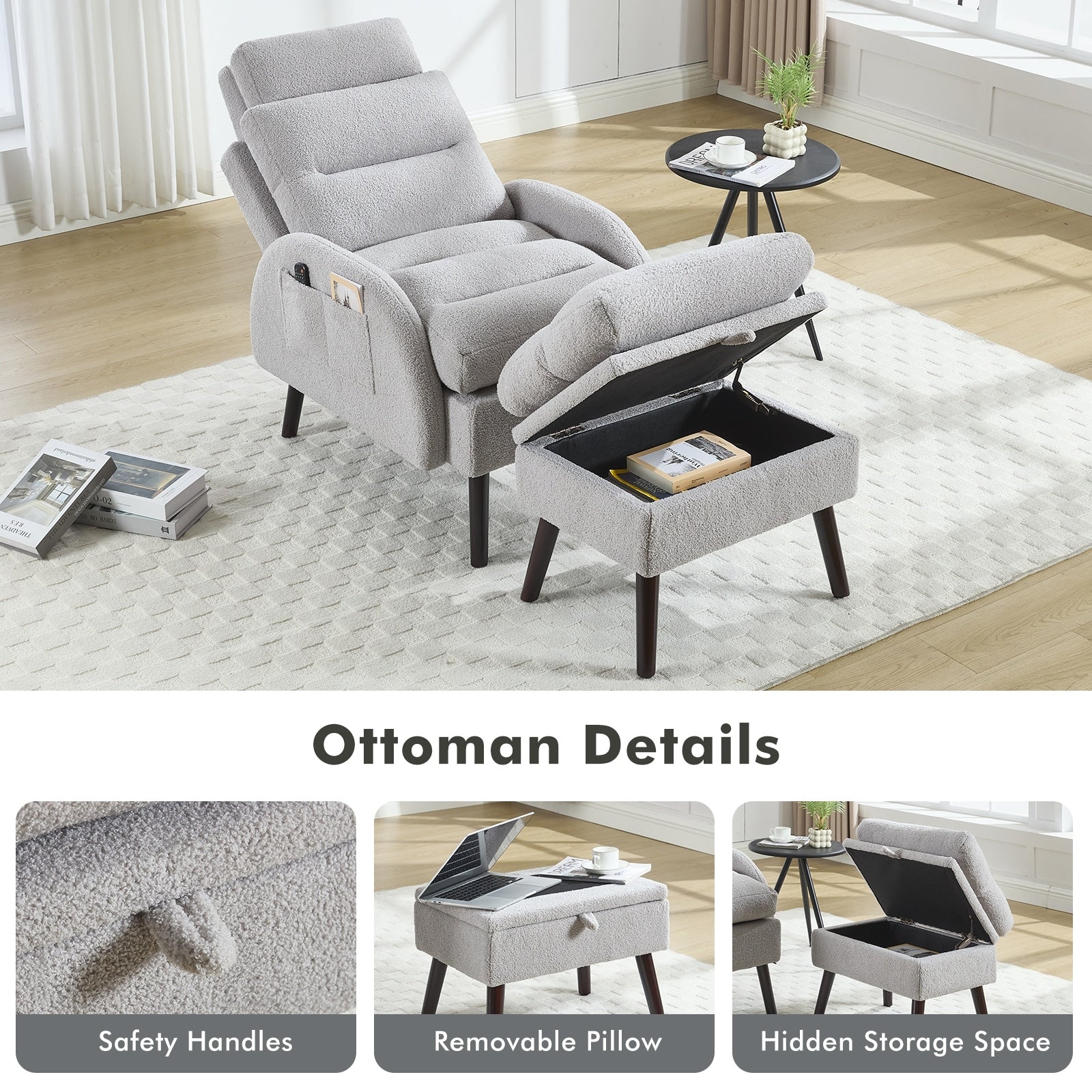 HOMYKA Fauteuil d'appoint avec dossier réglable et rangement intégré dans le repose-pieds