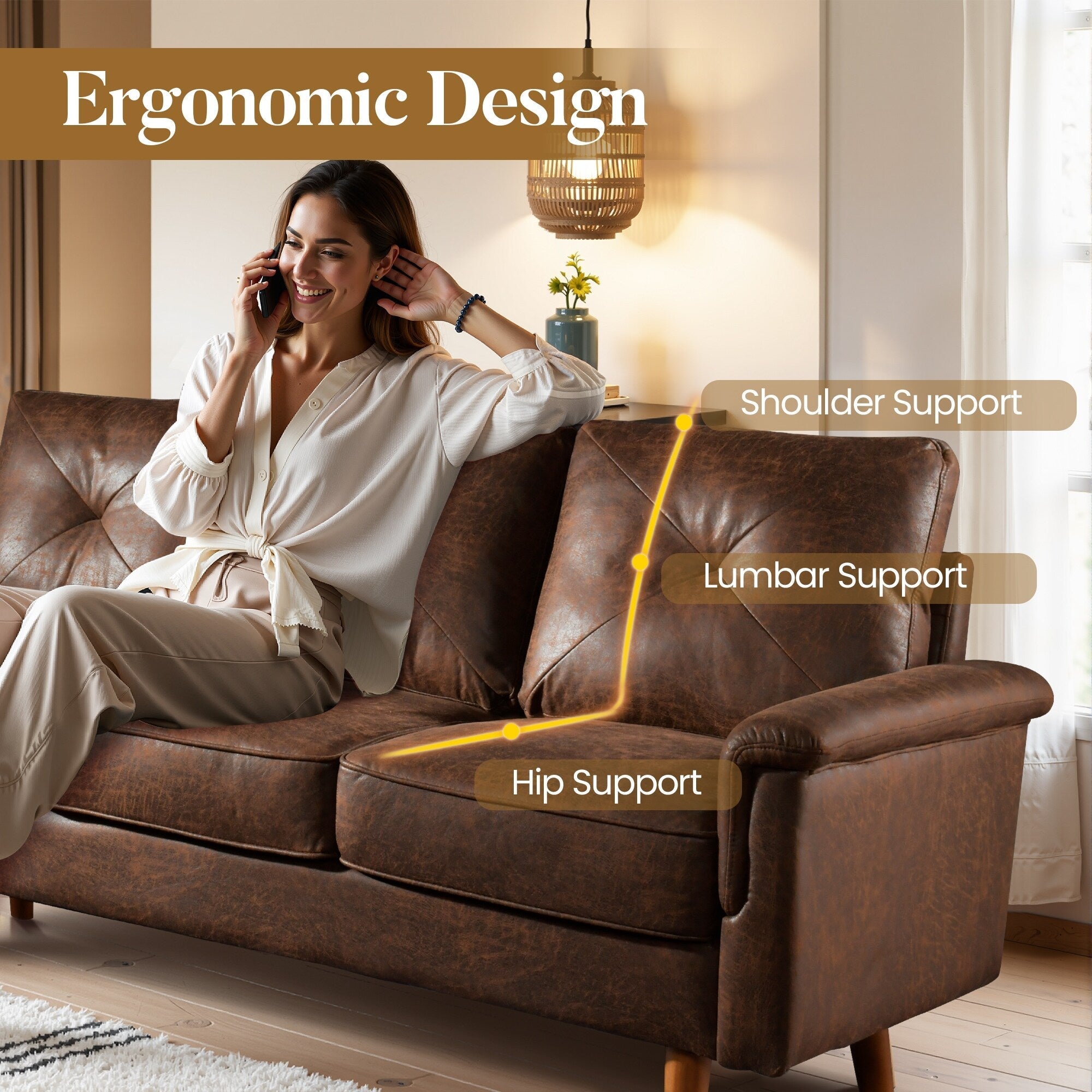 Canapé 3 places HOOOWOOO Mid-Century, recouvert de tissu, avec pieds en bois pour salon