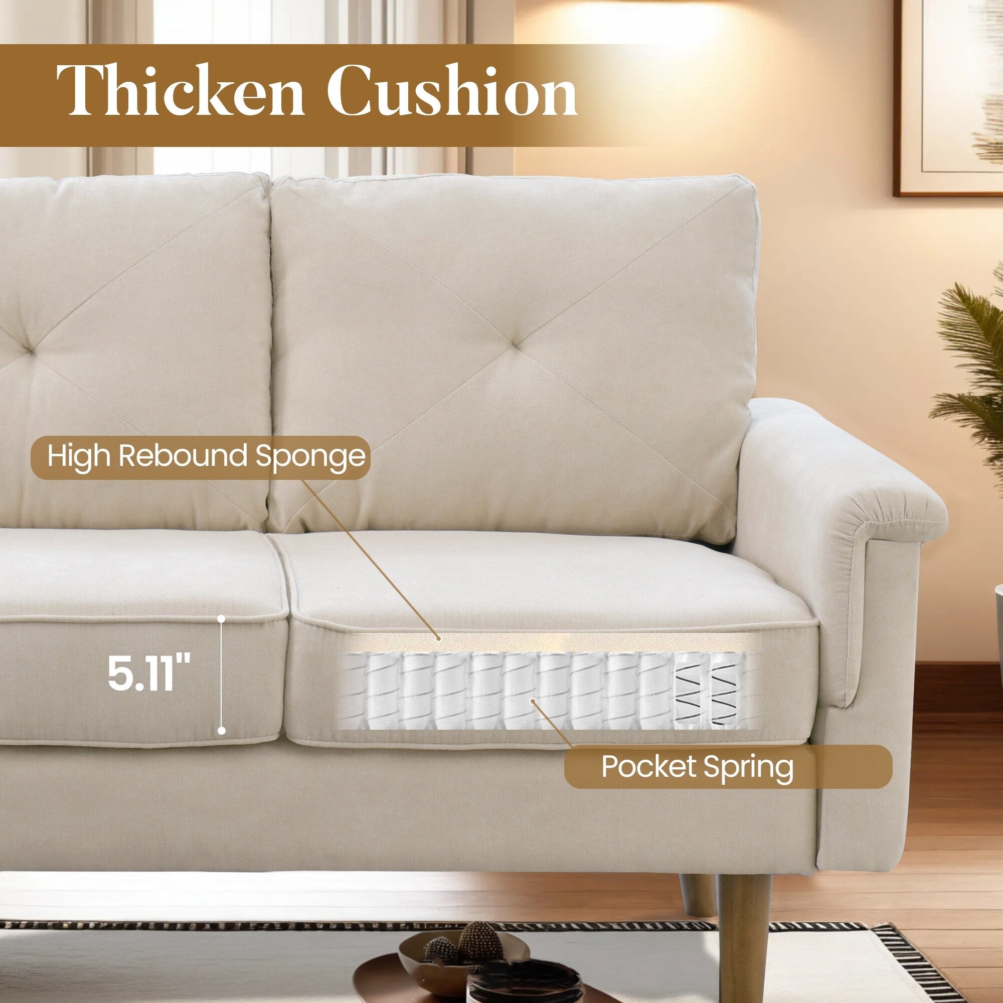 Canapé 3 places HOOOWOOO Mid-Century, recouvert de tissu, avec pieds en bois pour salon