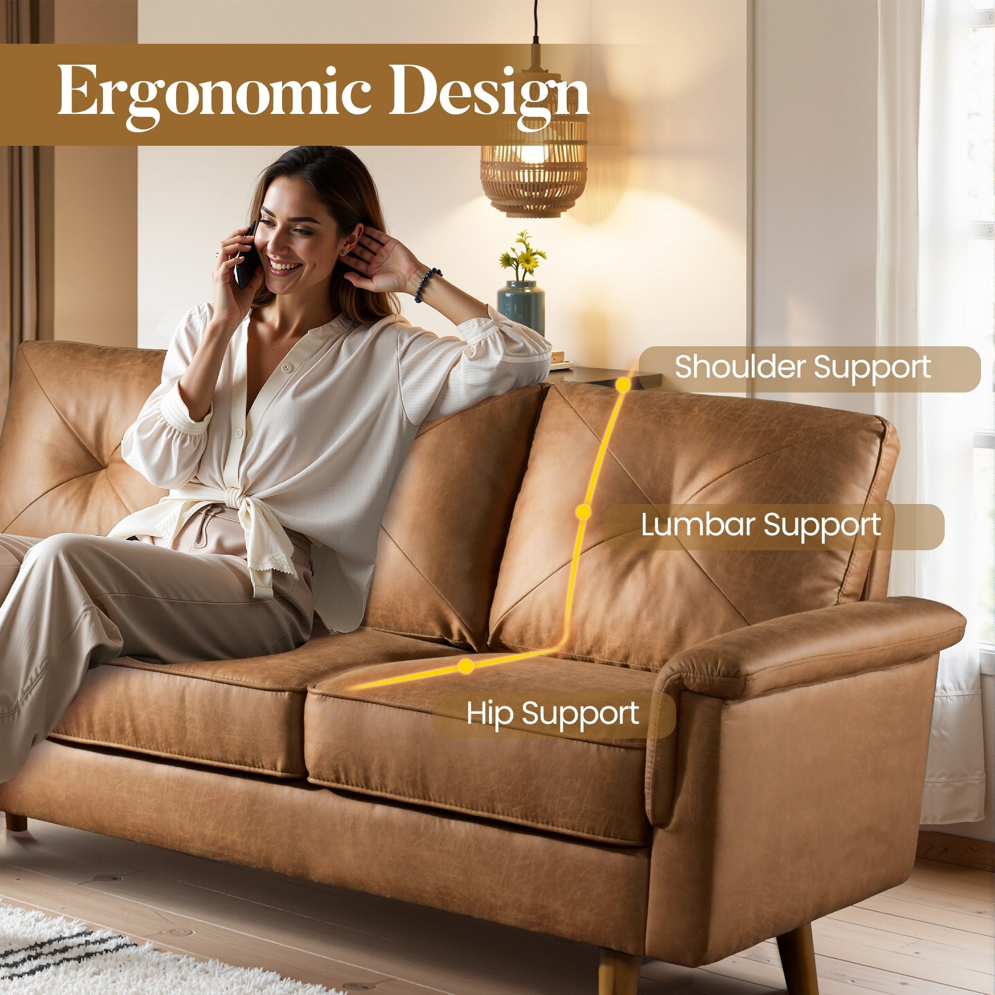 Canapé 3 places HOOOWOOO Mid-Century, recouvert de tissu, avec pieds en bois pour salon