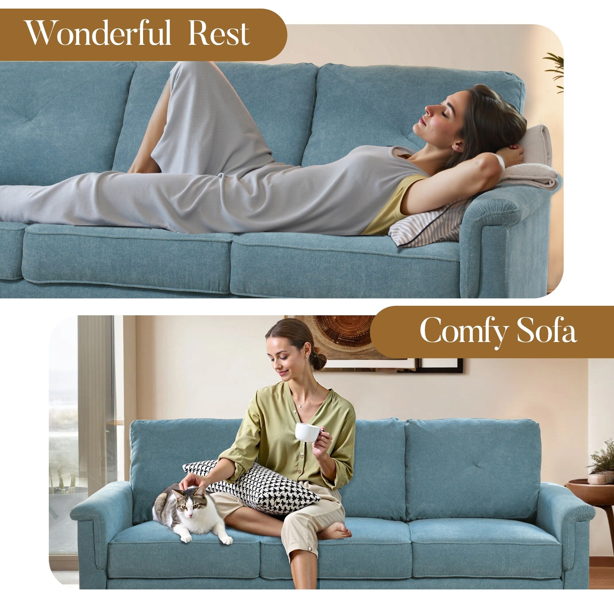 Canapé 3 places HOOOWOOO Mid-Century, recouvert de tissu, avec pieds en bois pour salon