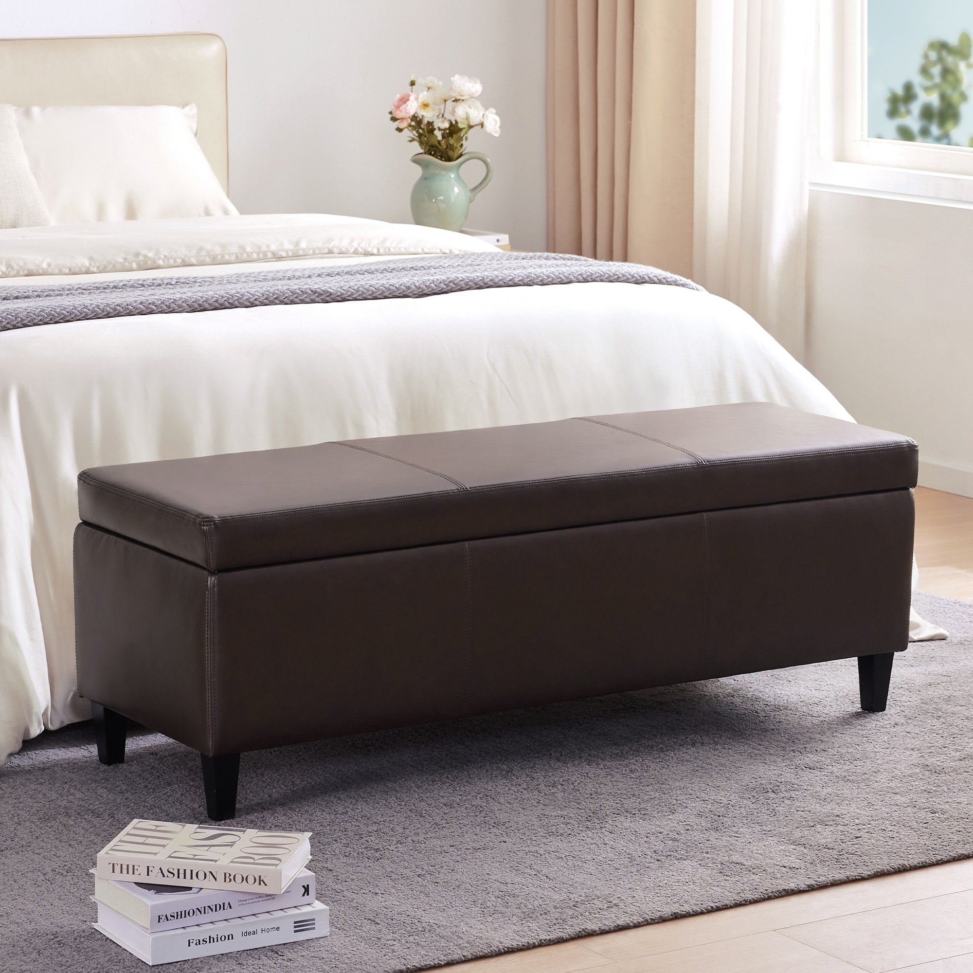 Ottoman rectangulaire de rangement recouvert de simili cuir - 50,3 x 17,50 x 18 pouces