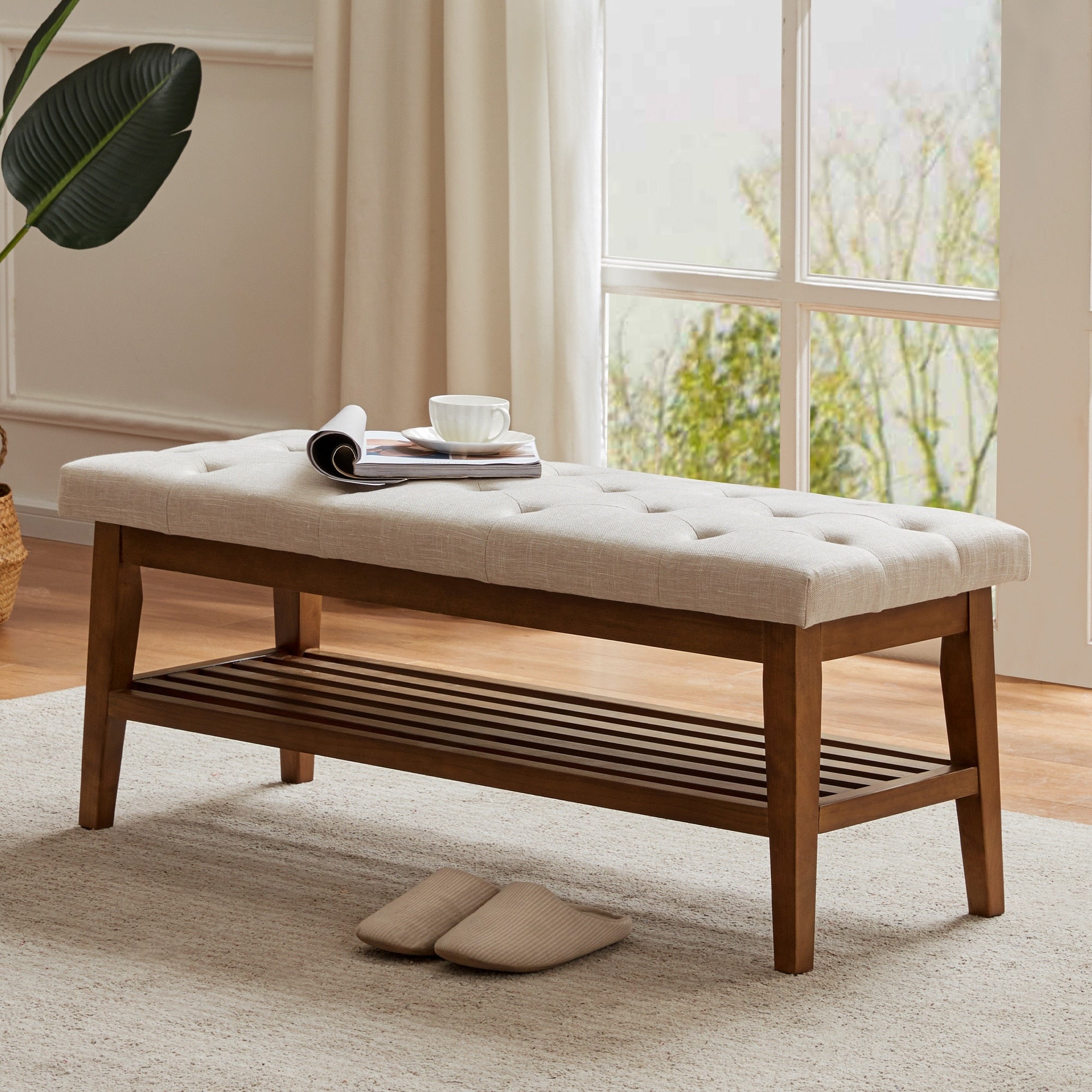 Banc à chaussures d'entrée, banc de rangement, tissu et bois massif, banc rembourré de 109 cm (43 pouces) pour salon et chambres à coucher