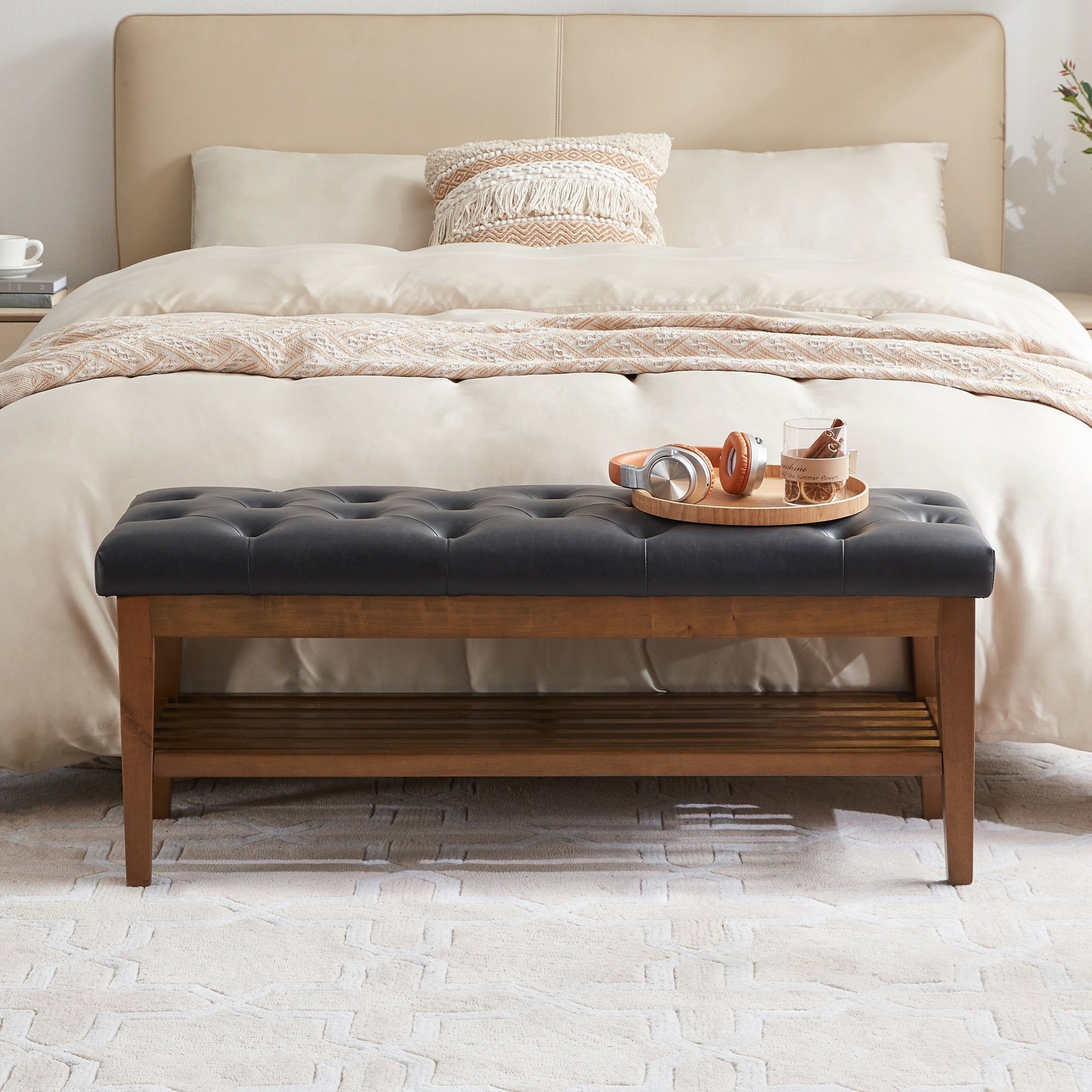 Banc à chaussures d'entrée, banc de rangement, tissu et bois massif, banc rembourré de 109 cm (43 pouces) pour salon et chambres à coucher