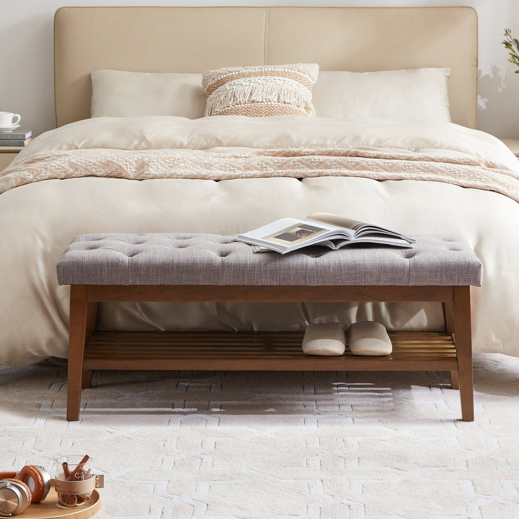 Banc à chaussures d'entrée, banc de rangement, tissu et bois massif, banc rembourré de 109 cm (43 pouces) pour salon et chambres à coucher