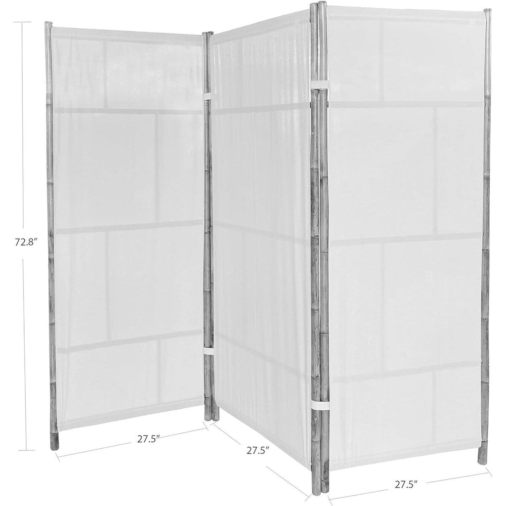 Paravent pliable en bambou artisanal à 3 panneaux, tissu écru.