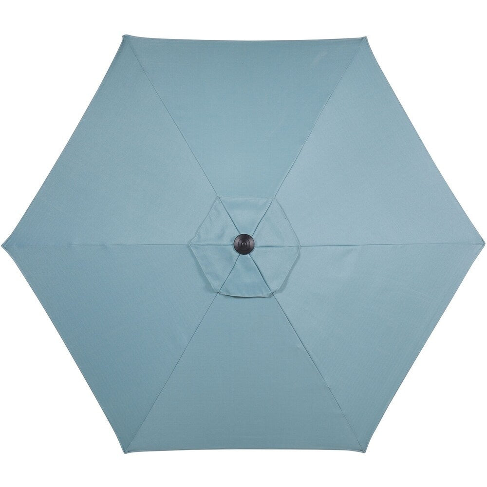 Ensemble de salle à manger 5 pièces Hanover Lavallette bleu océan avec 4 chaises fixes, table ronde en verre de 132 cm, parasol et pied de table.