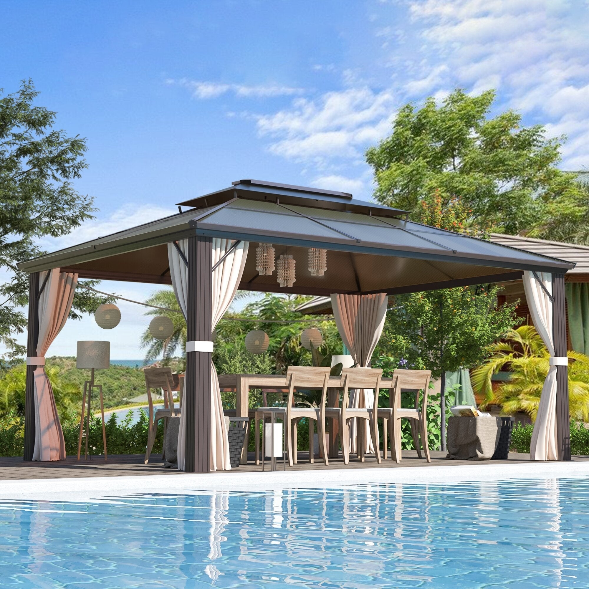 EROMMY Gazebo à toit rigide, Pergola d'extérieur avec double toit, moustiquaire et rideaux, auvent robuste pour patio, jardin, fête à la piscine